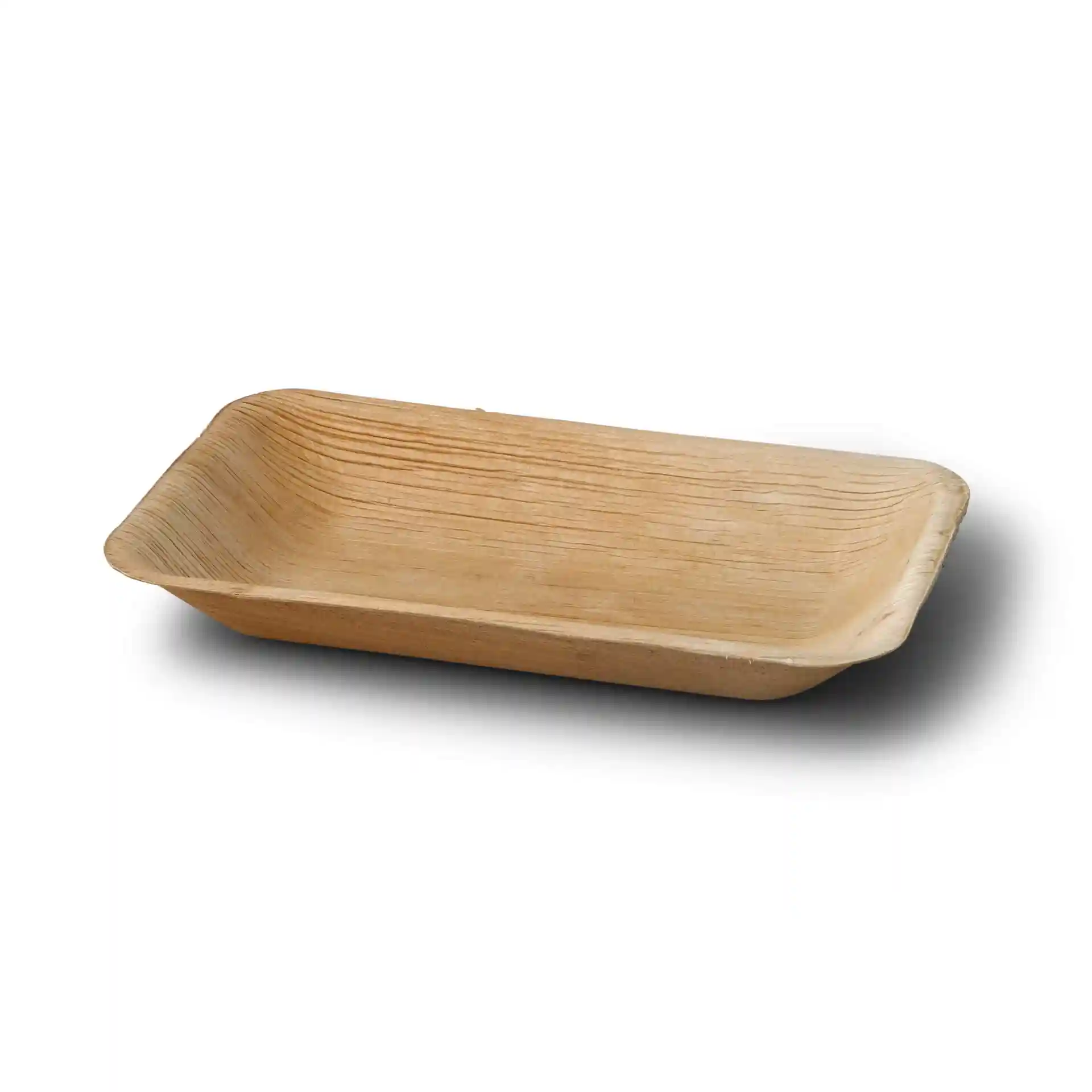 Rectangular palm leaf plate with a grain texture, measuring 25 x 15 cm and 3.4 cm deep.