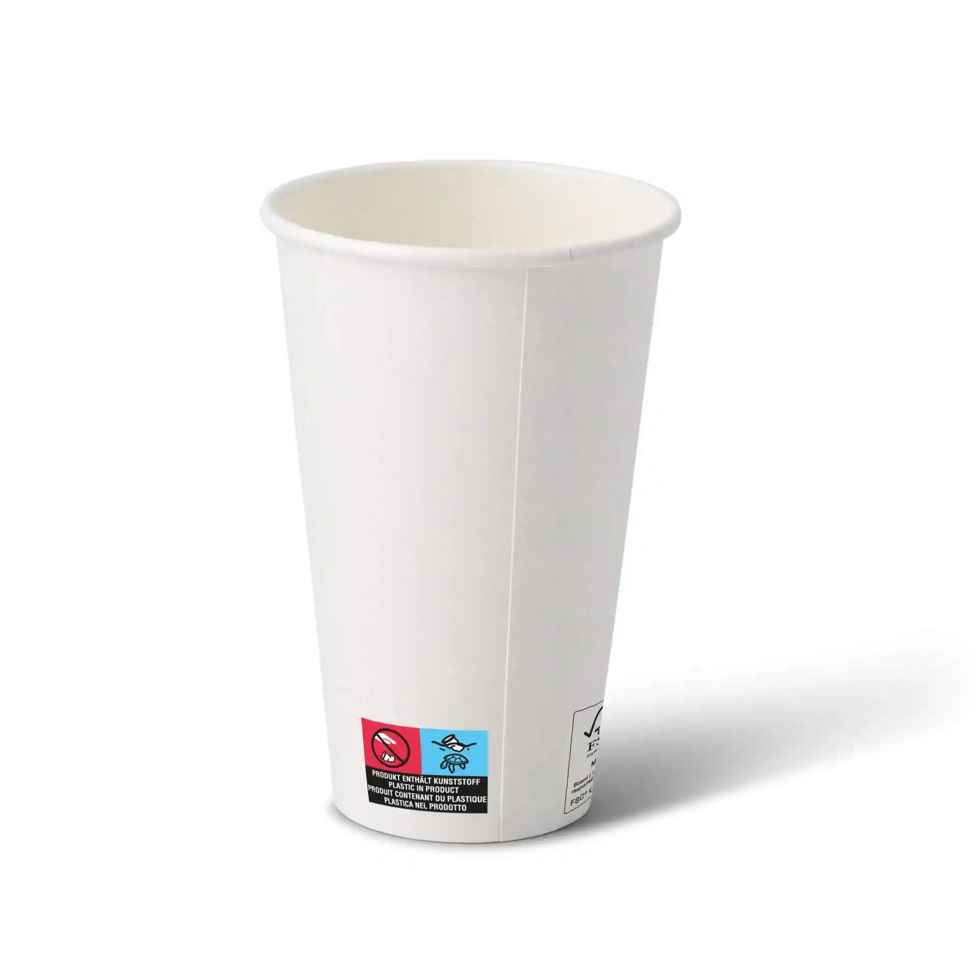 White 16 oz paper cup with a round shape and a coated surface, featuring labels on the bottom.