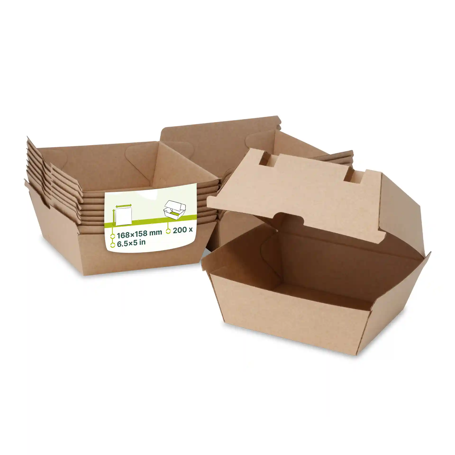 Brown cardboard burger boxes stacked, with one open, showing dimensions of 168 x 158 mm and a total of 200 boxes.