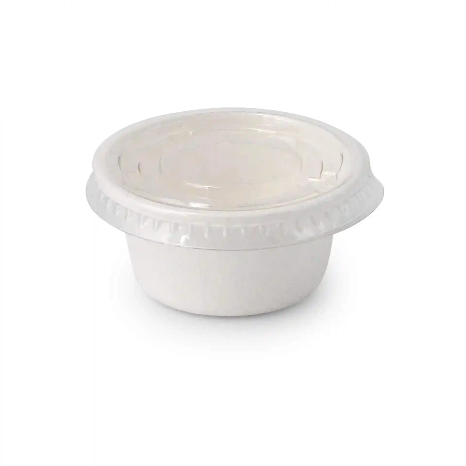 Small white container with a clear lid, featuring a ribbed edge and a smooth base.