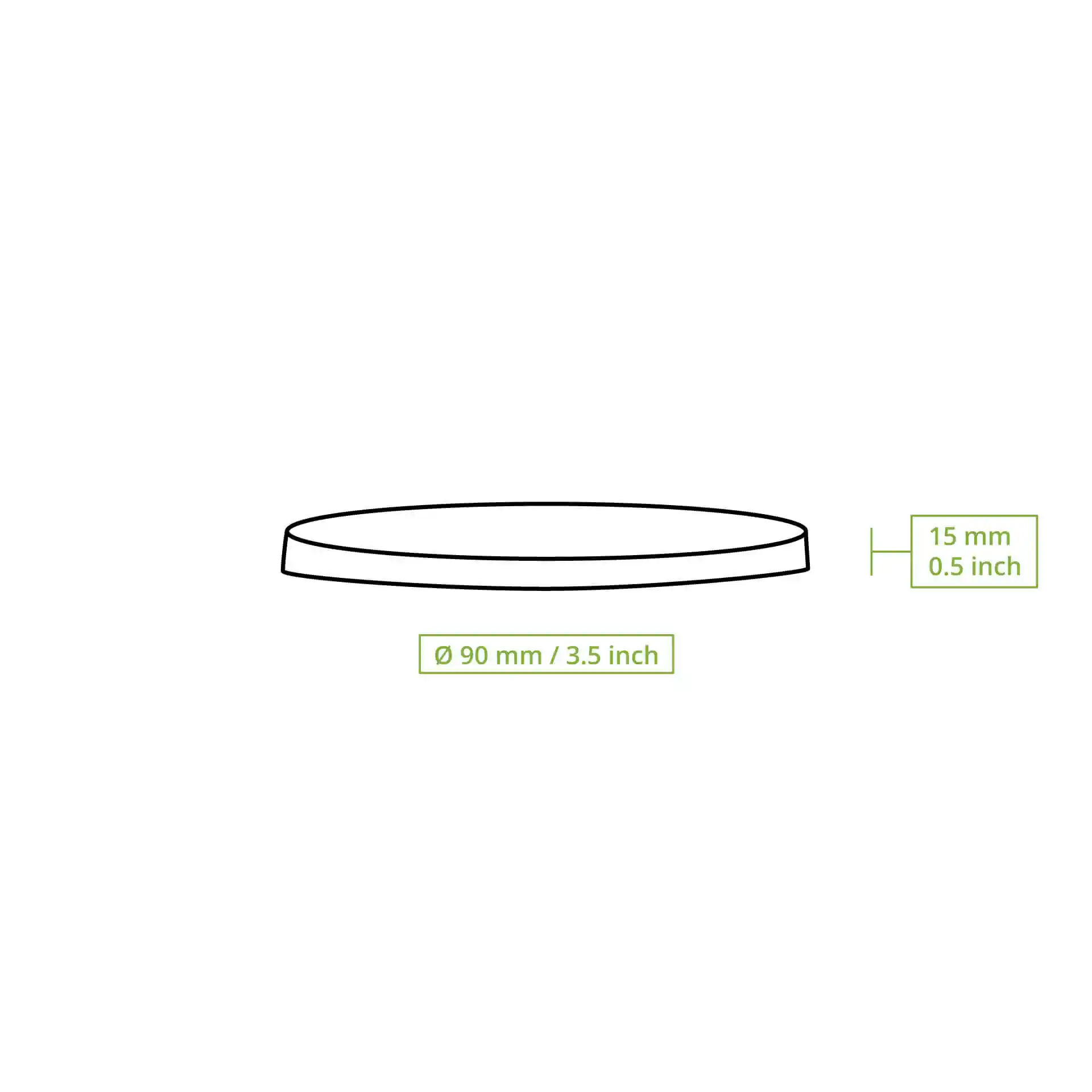 Schematic drawing of a round cardboard lid with a diameter of 90 mm and height of 15 mm.