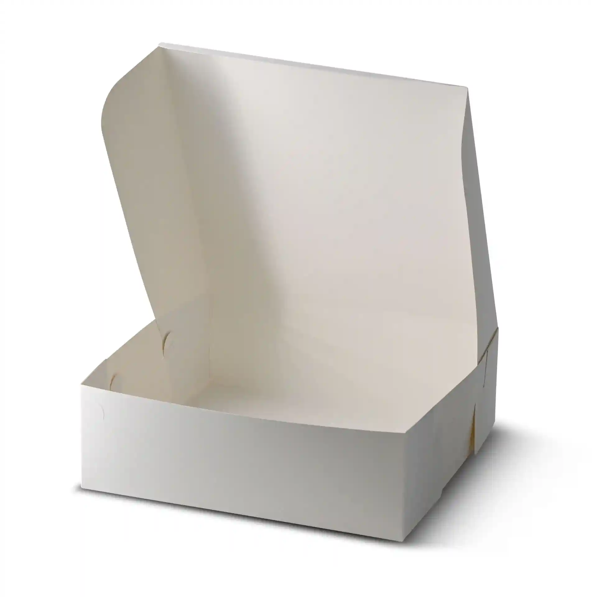 White cake box with an open lid, measuring 30.5 x 30.5 x 10 cm.