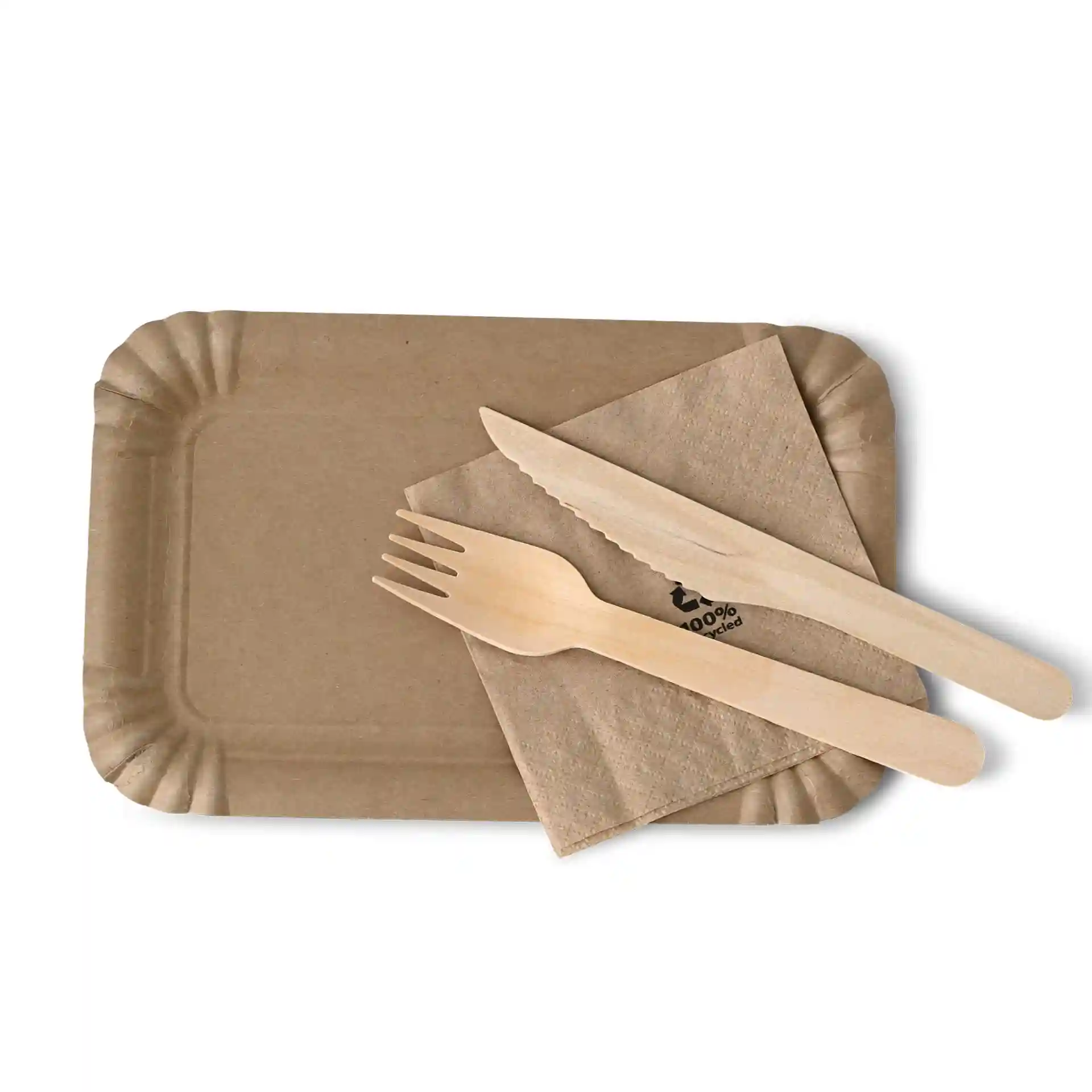 Rectangular brown cardboard plate with a wooden fork, knife, and a brown napkin on a white background.