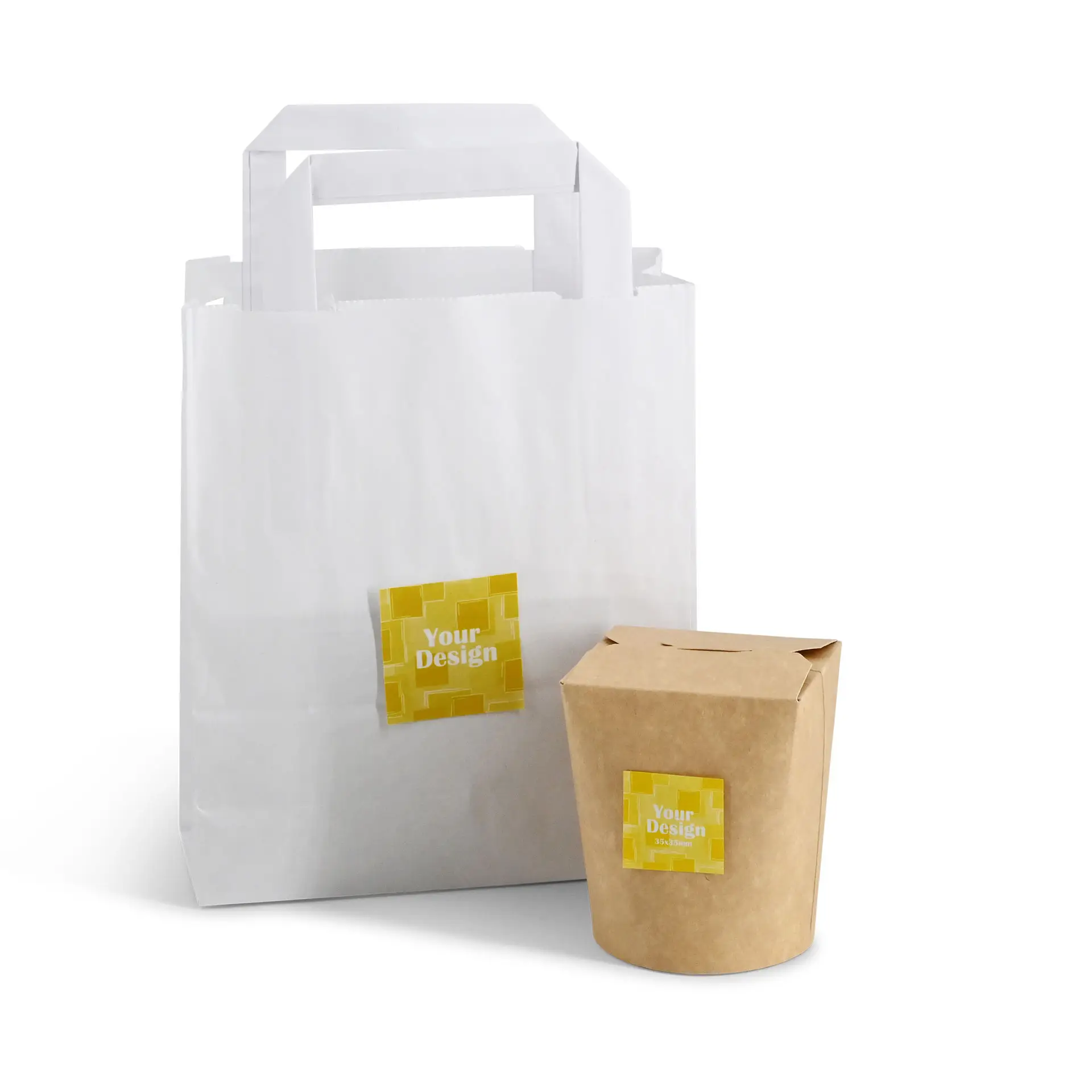 White paper bag with handles alongside a small brown take-out container, both featuring square yellow labels that say "Your Design."