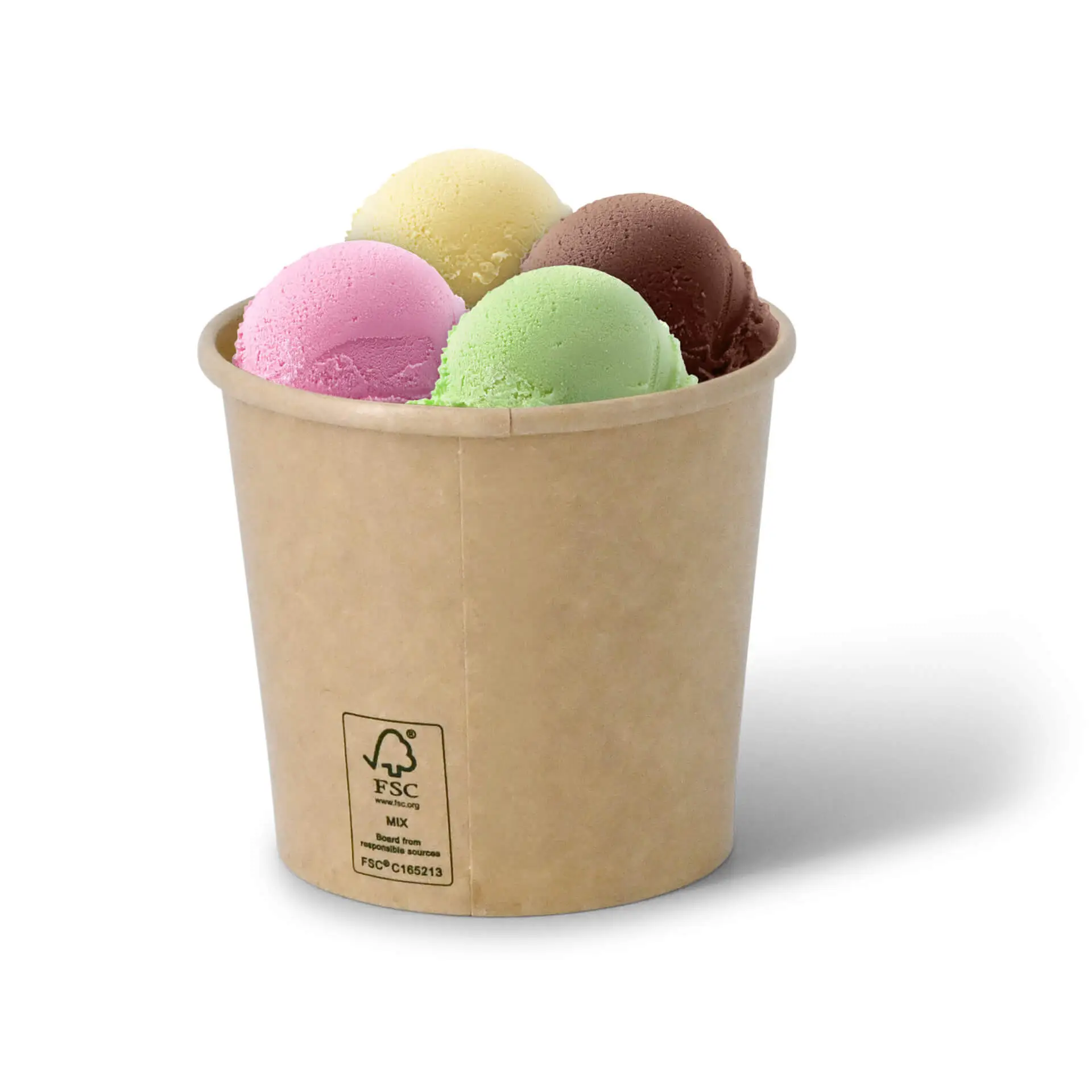Brown paper ice cream tub with four scoops of ice cream in pink, green, yellow, and brown colors.