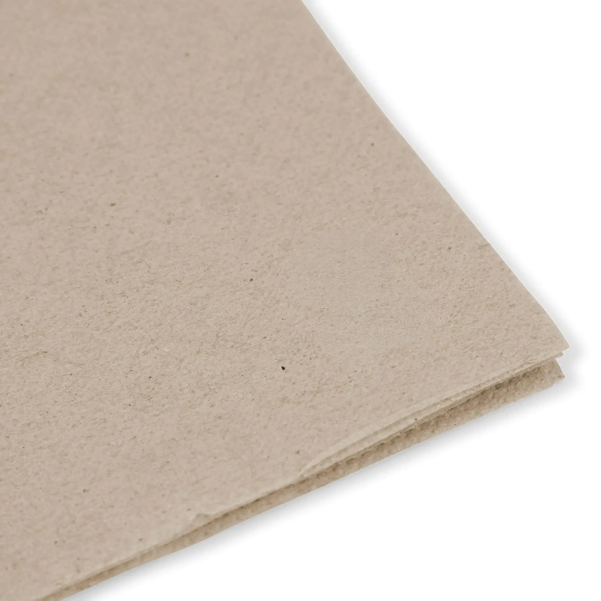 Image of unbleached, 2-ply recycled paper napkins folded, showing a symbol with text indicating recycled content.