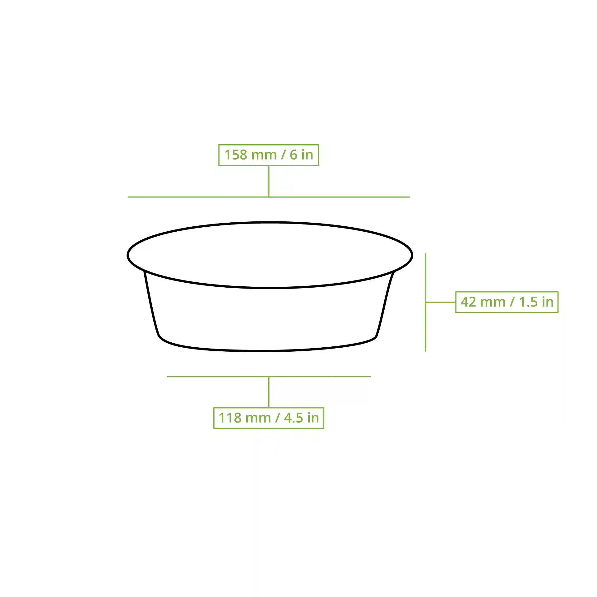 Schematic drawing of a round black reusable plate with dimensions: 158 mm diameter, 118 mm bottom diameter, 42 mm height.