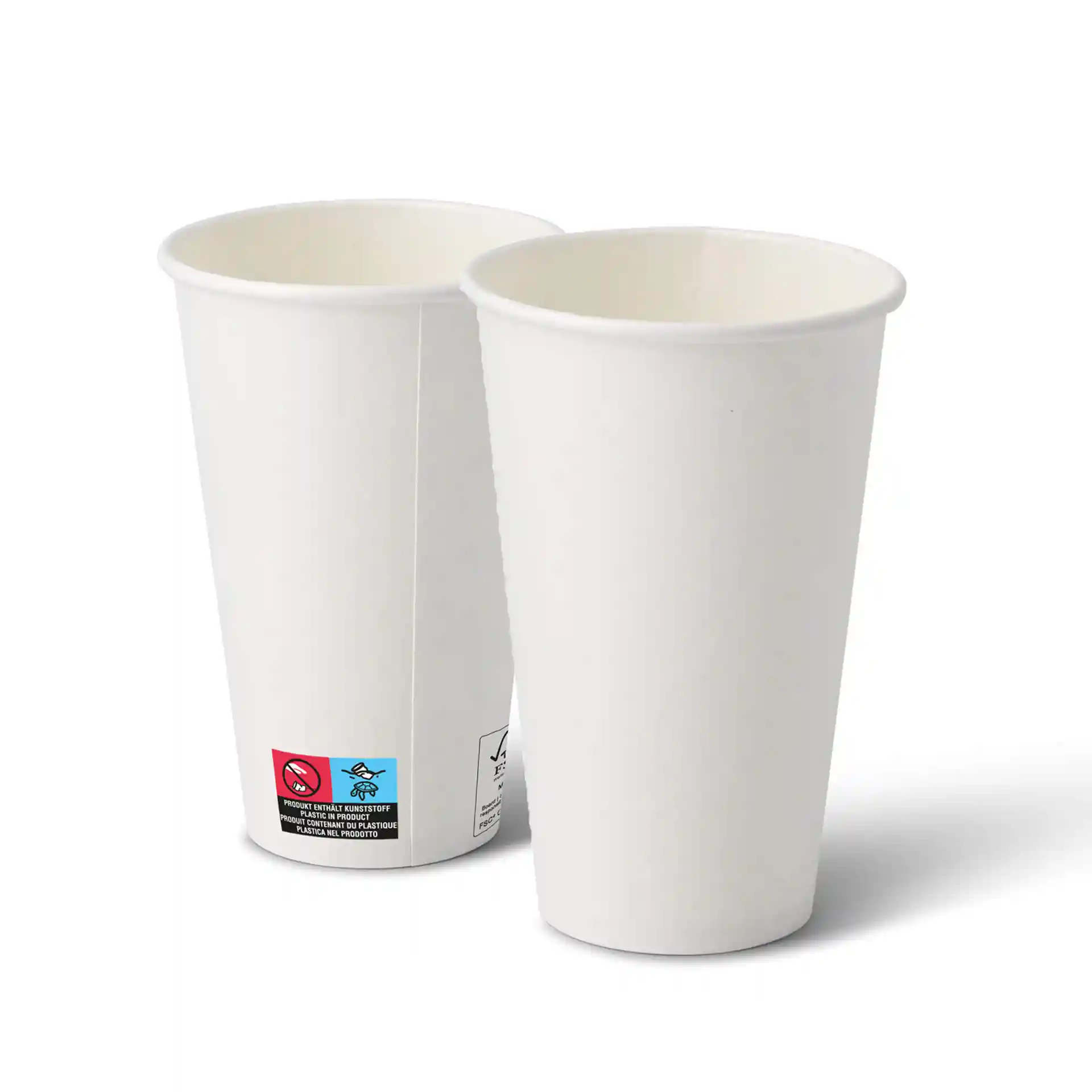 Two white paper cups with a round shape, showing the interior and exterior, with a label on one cup.
