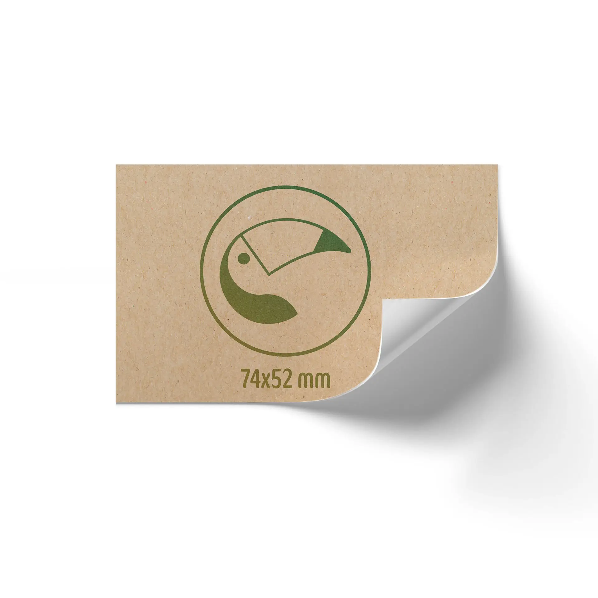 Kraft paper label with a green logo and dimensions, showing a curled corner on a white background.