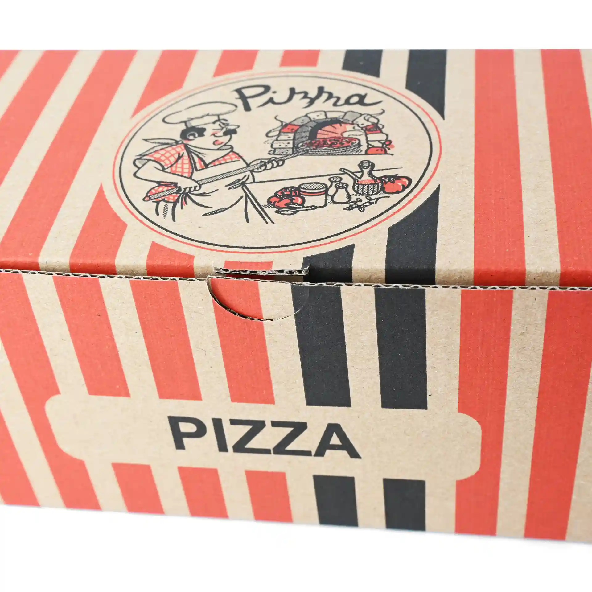 Pizza box with a pizza chef design, featuring red and black stripes, dimensions 7 x 8 x 28 cm.