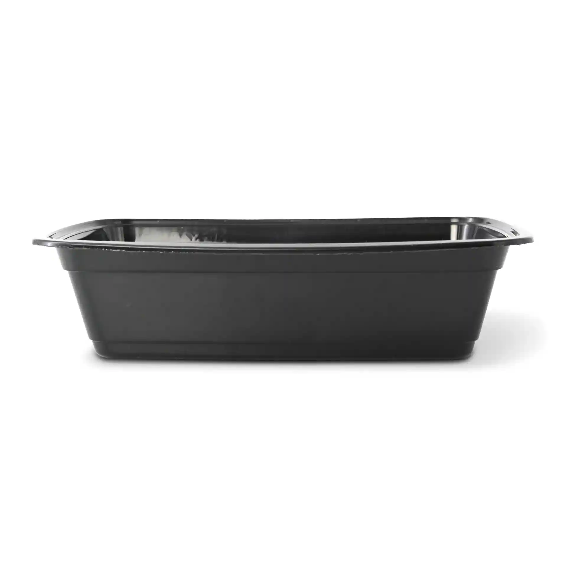 Black rectangular reusable container made of polypropylene, measuring 217 mm long, 150 mm wide, and 52 mm high.