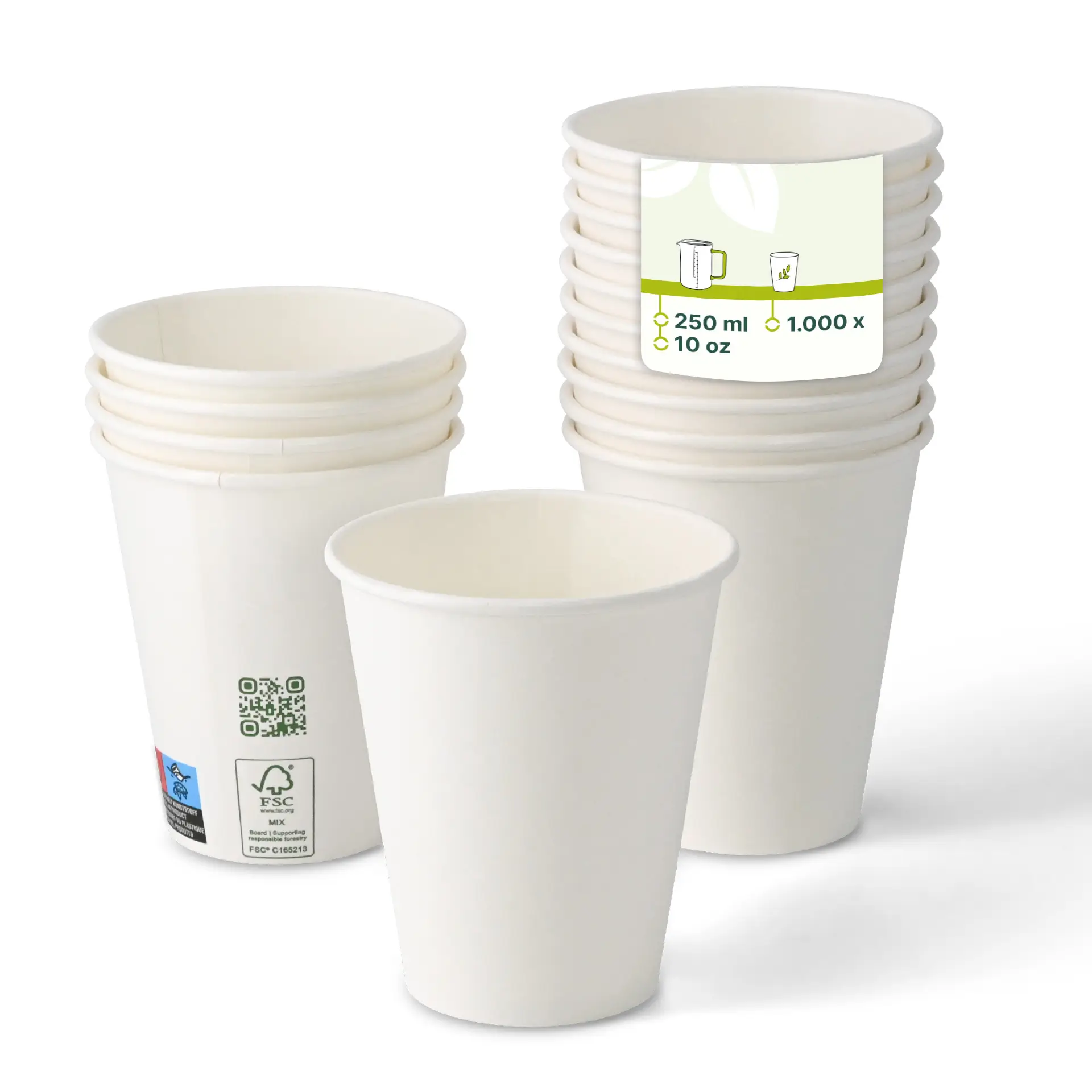 Stack of white paper cups with a single cup in front, showing a PLA-coated surface and a label with product details.