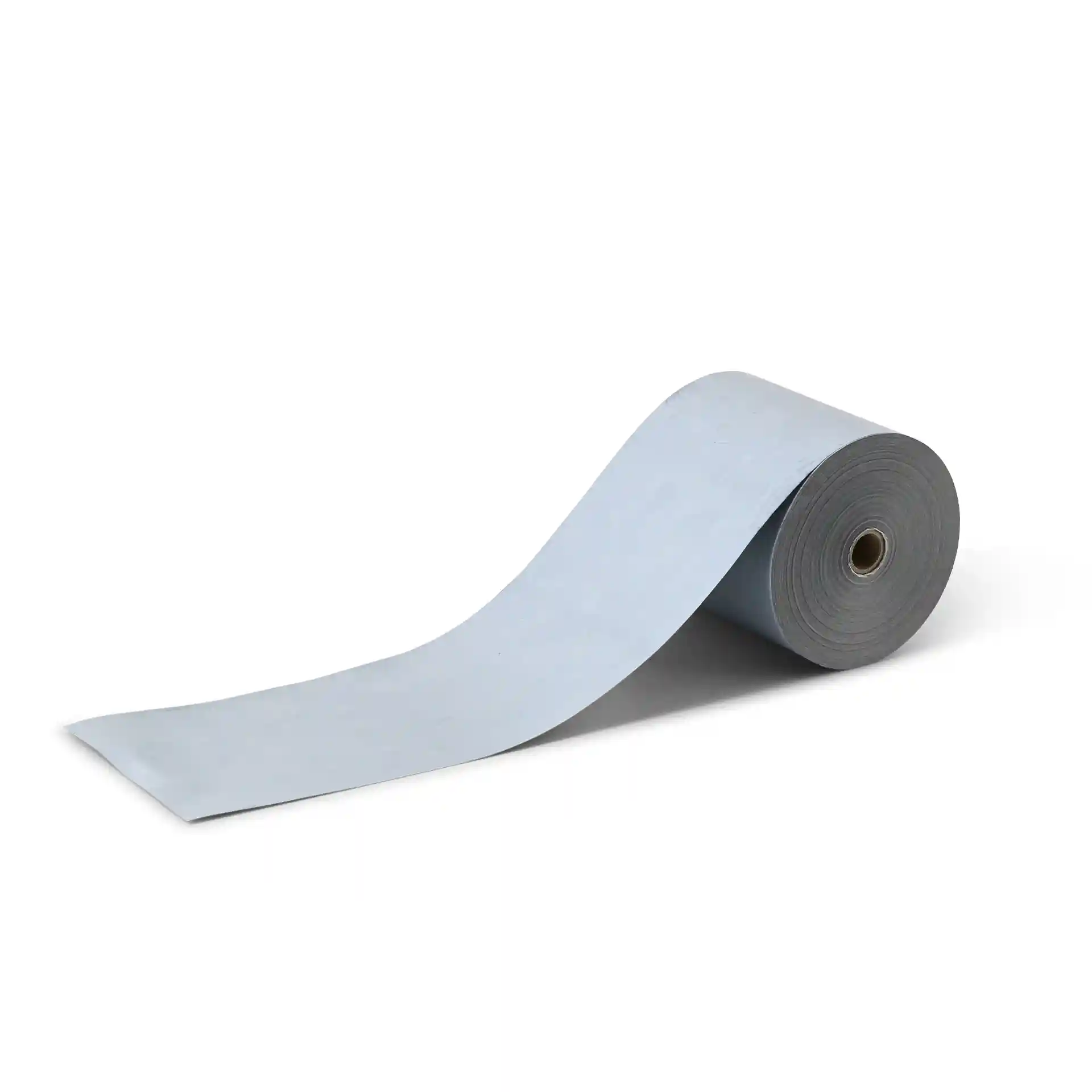 Roll of grey thermal paper measuring 80 mm in width and 80 m in length, with a central core diameter of 77 mm.