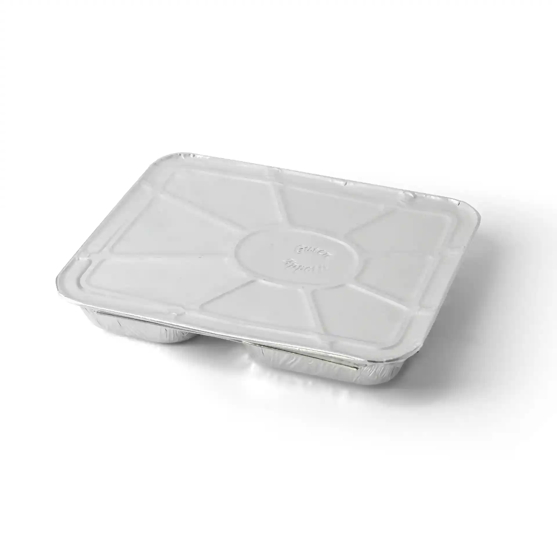 Aluminium lid for a rectangular two-compartment meal tray, shown at an angle on a plain background.