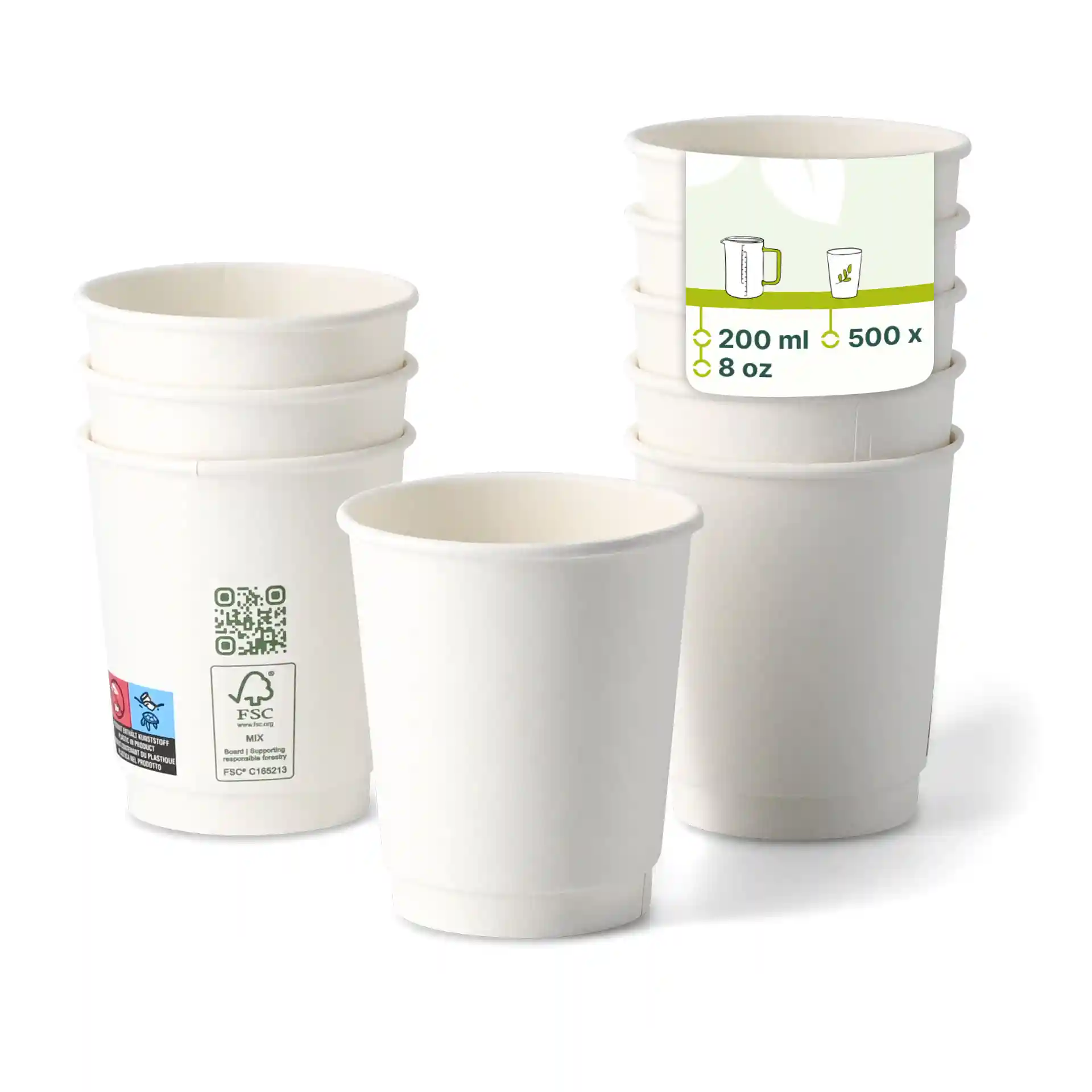 White double wall coffee to go cups stacked, with one cup in front showing an interior view and a label with markings.