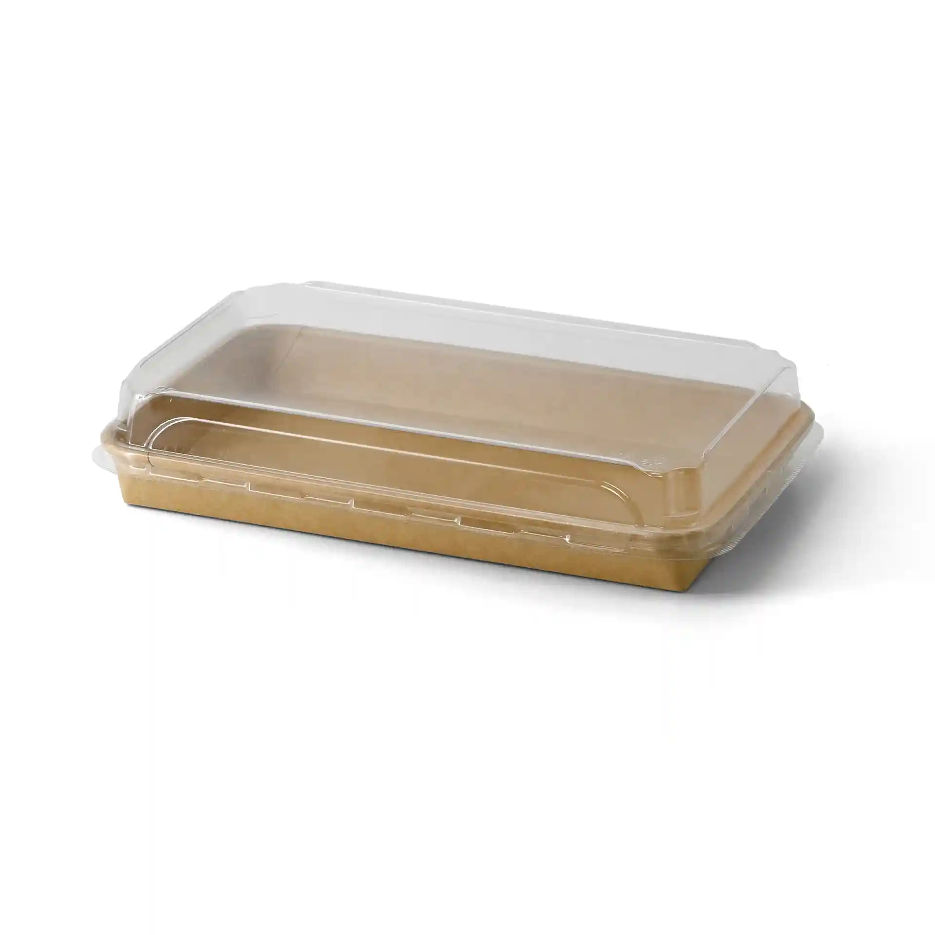 Brown sushi box with a clear lid, measuring 24 x 15 x 3 cm, made of PE-coated material.