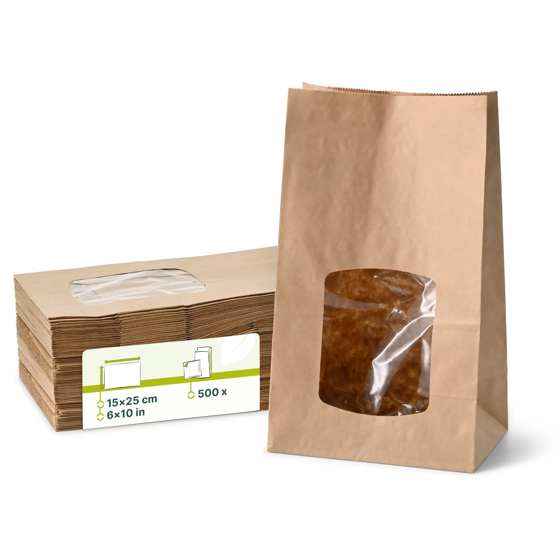 Block bottom-bags with PLA-window L, 15 x 10 x 25 cm, brown, kraft paper Block bottom-bags with PLA-window L, 15 x 10 x 25 cm, brown, kraft paper