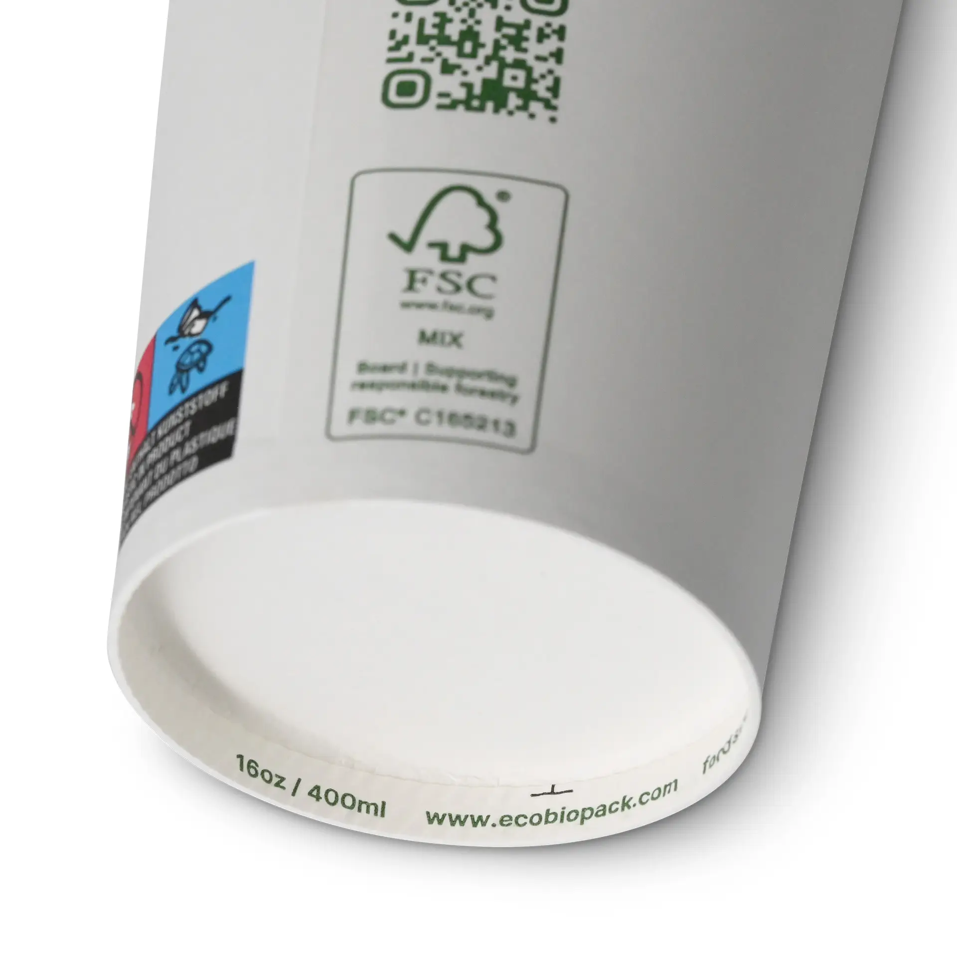 Paper cup 400 ml / 16 oz, Ø 90 mm, single wall, white, PLA-coated