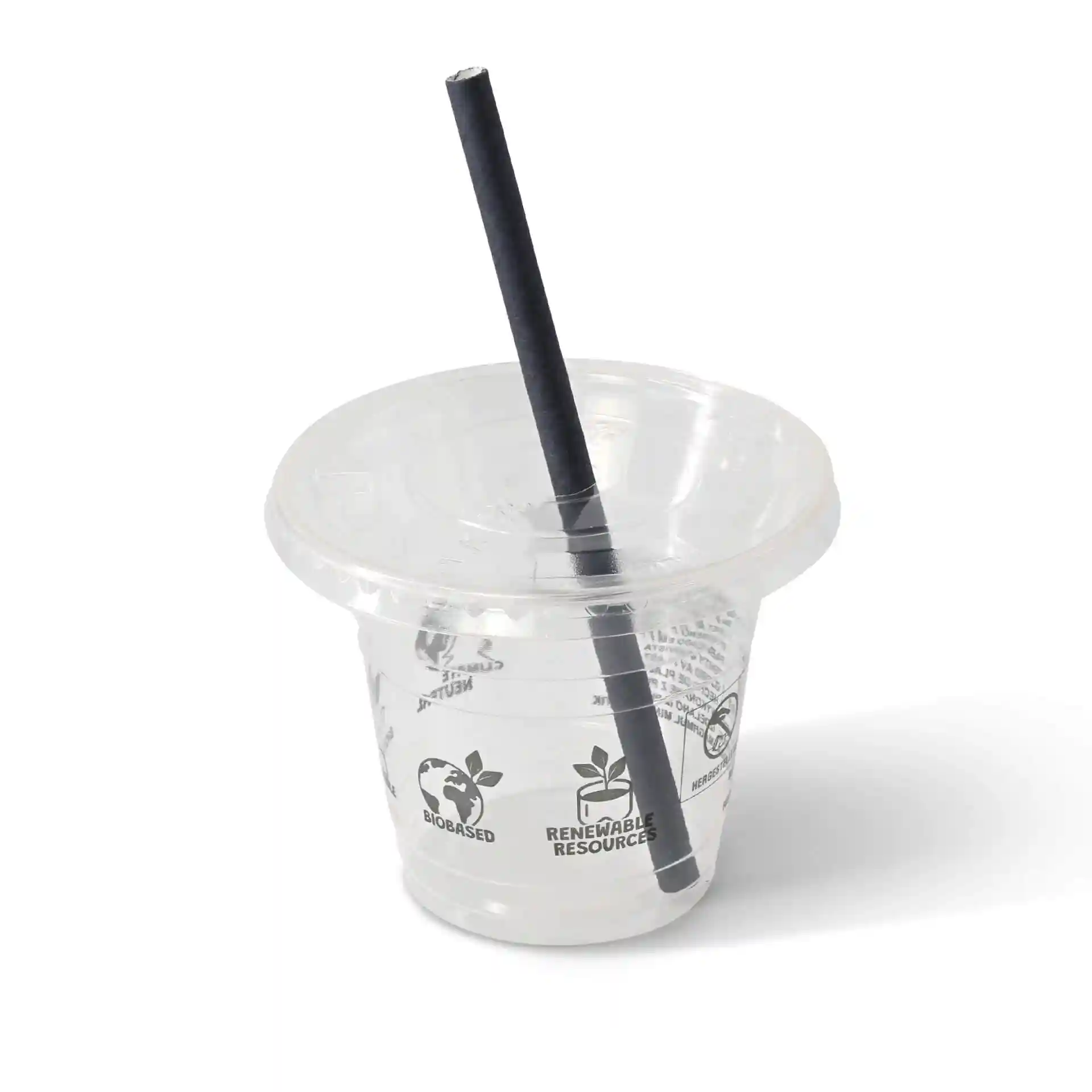 Clear cup with a black paper straw, featuring printed symbols on the side.