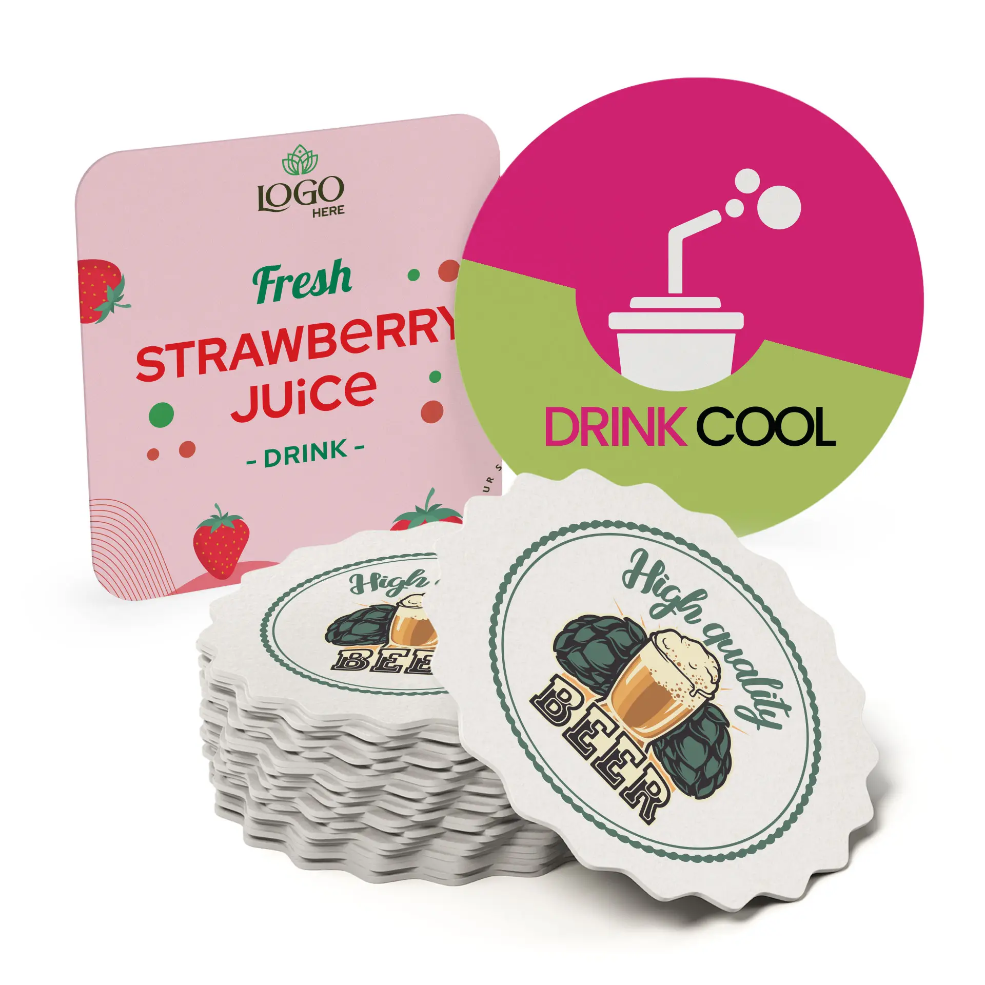 Image of printed beer coasters, including a round coaster with "Drink Cool" and stacked coasters featuring "High Quality Beer" design.