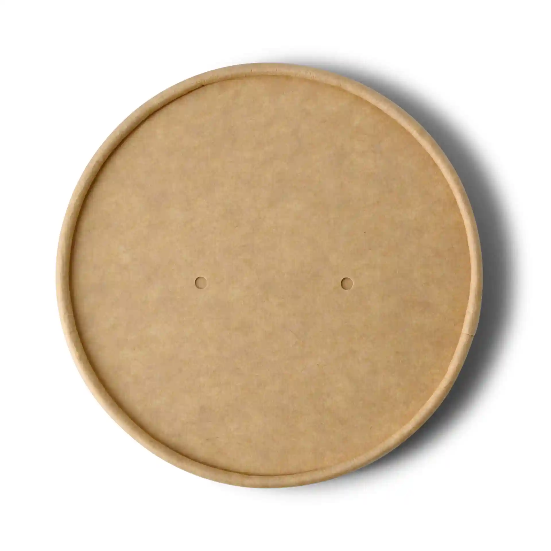 Round brown cardboard lid with two holes, designed for soup containers, measuring 100 mm in diameter.