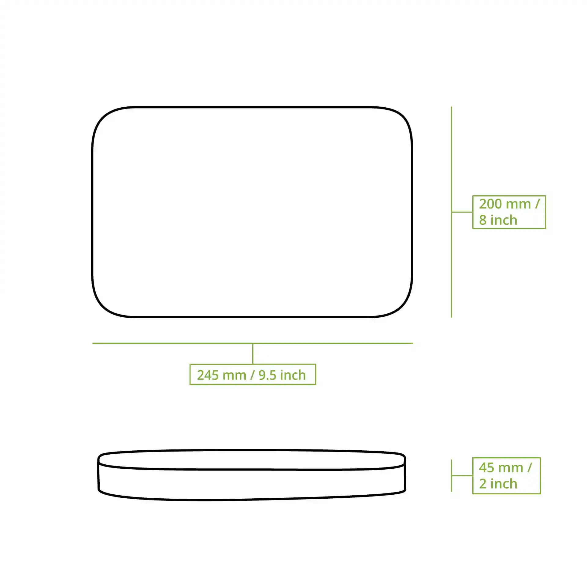 Schematic drawing of a rectangular container with dimensions labeled: 245 mm length, 200 mm width, and 45 mm height.