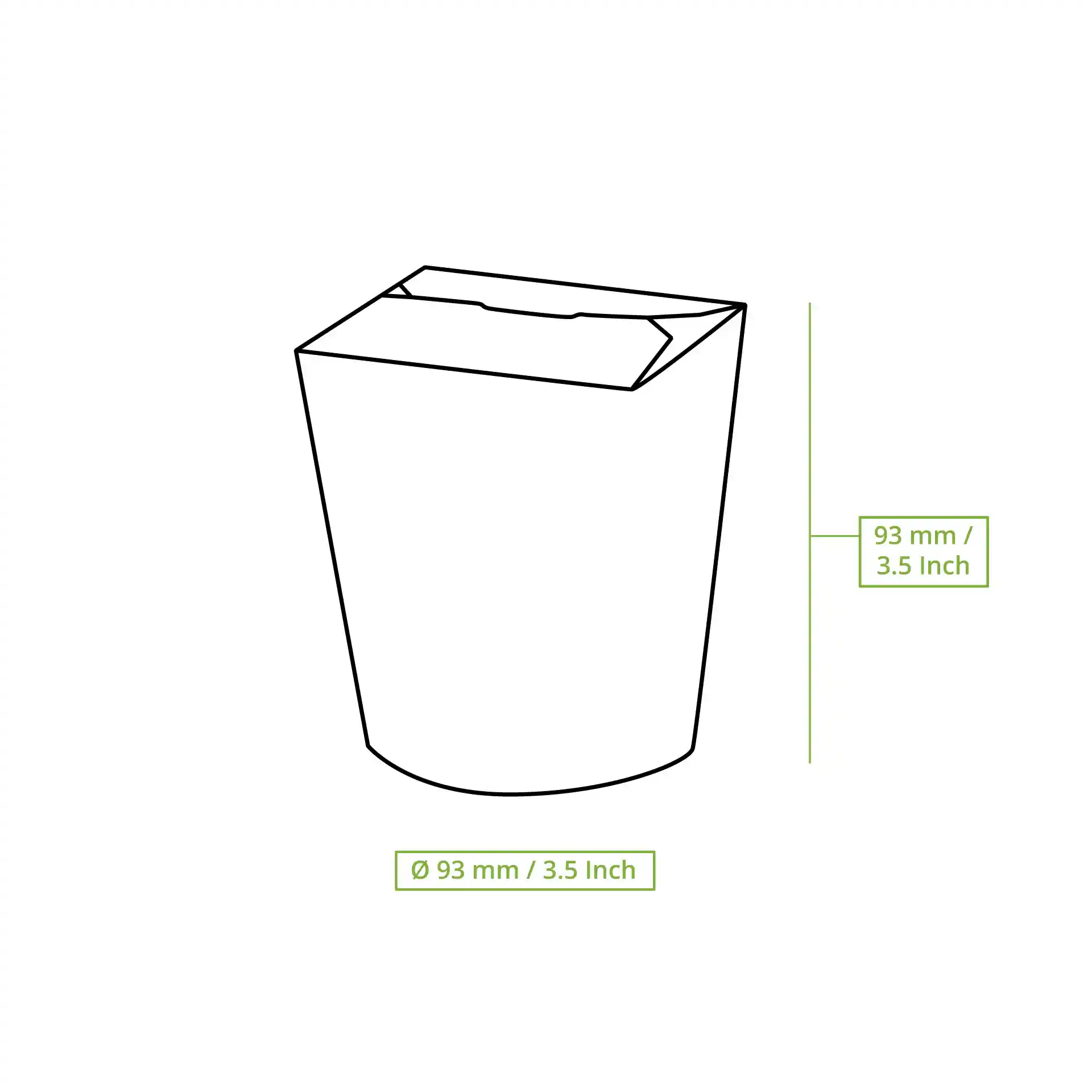 Schematic drawing of a brown noodle box made of coated cardboard, dimensions 95 mm height and 95 mm width.