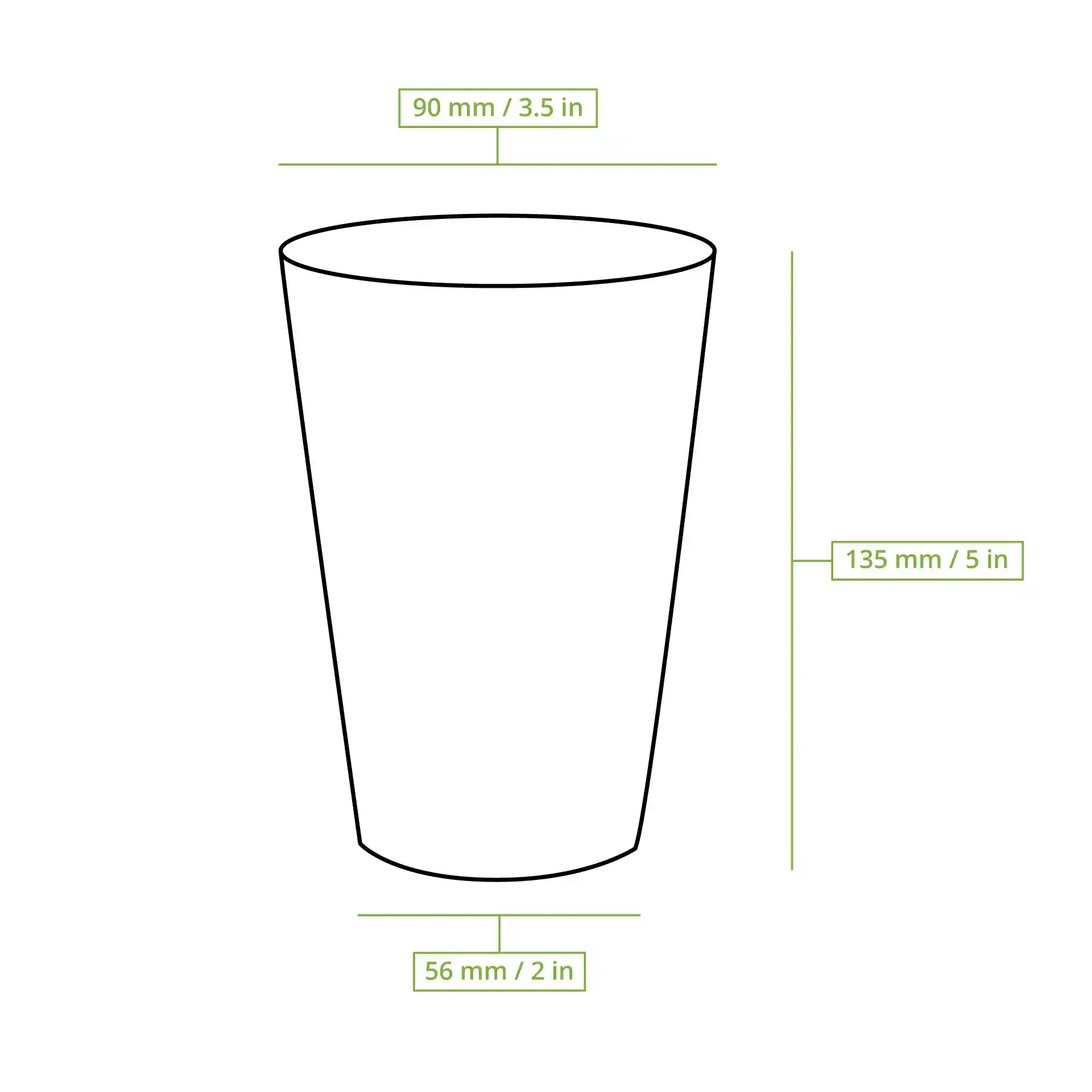Schematic drawing of a white paper cup with dimensions: height 135 mm, top diameter 90 mm, and base diameter 56 mm.