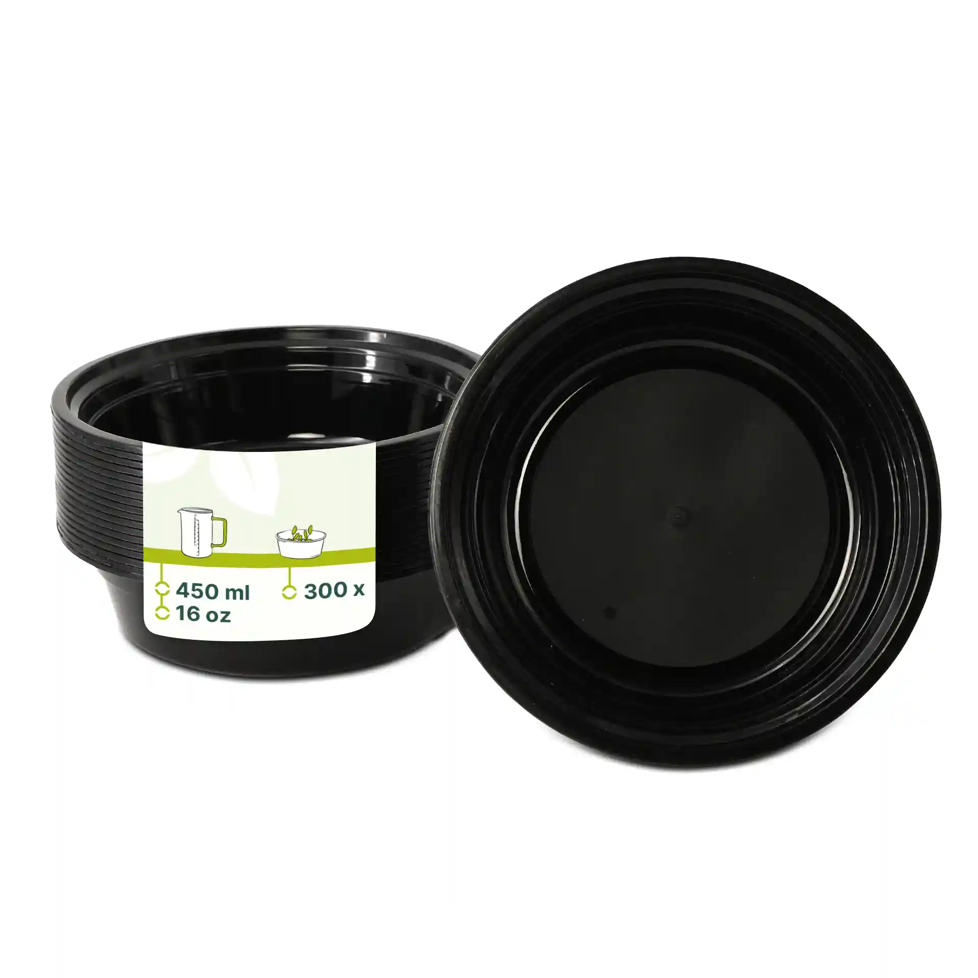 Black round reusable plate made of PP, 450 ml capacity, with a diameter of 158 mm and a height of 42 mm.
