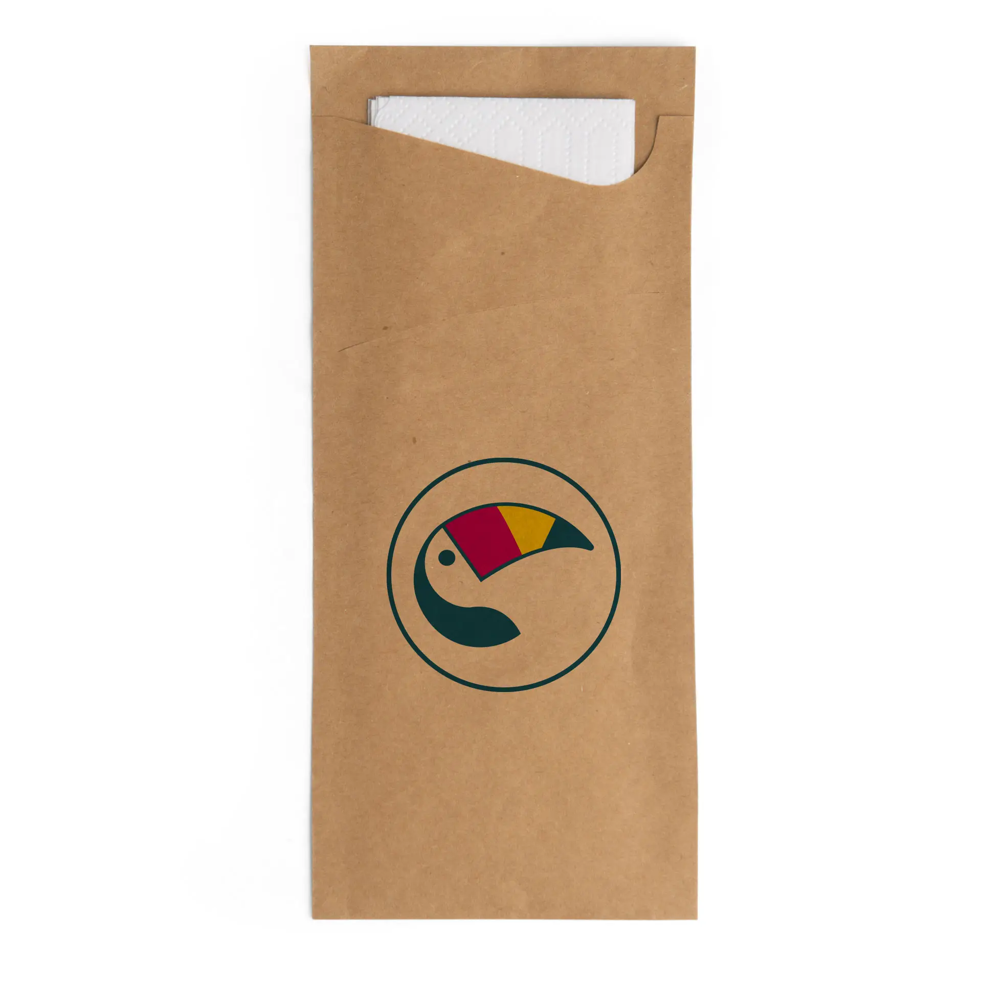 Brown kraft cutlery sleeve with white napkin, featuring a circular logo design of a toucan in vibrant colors.