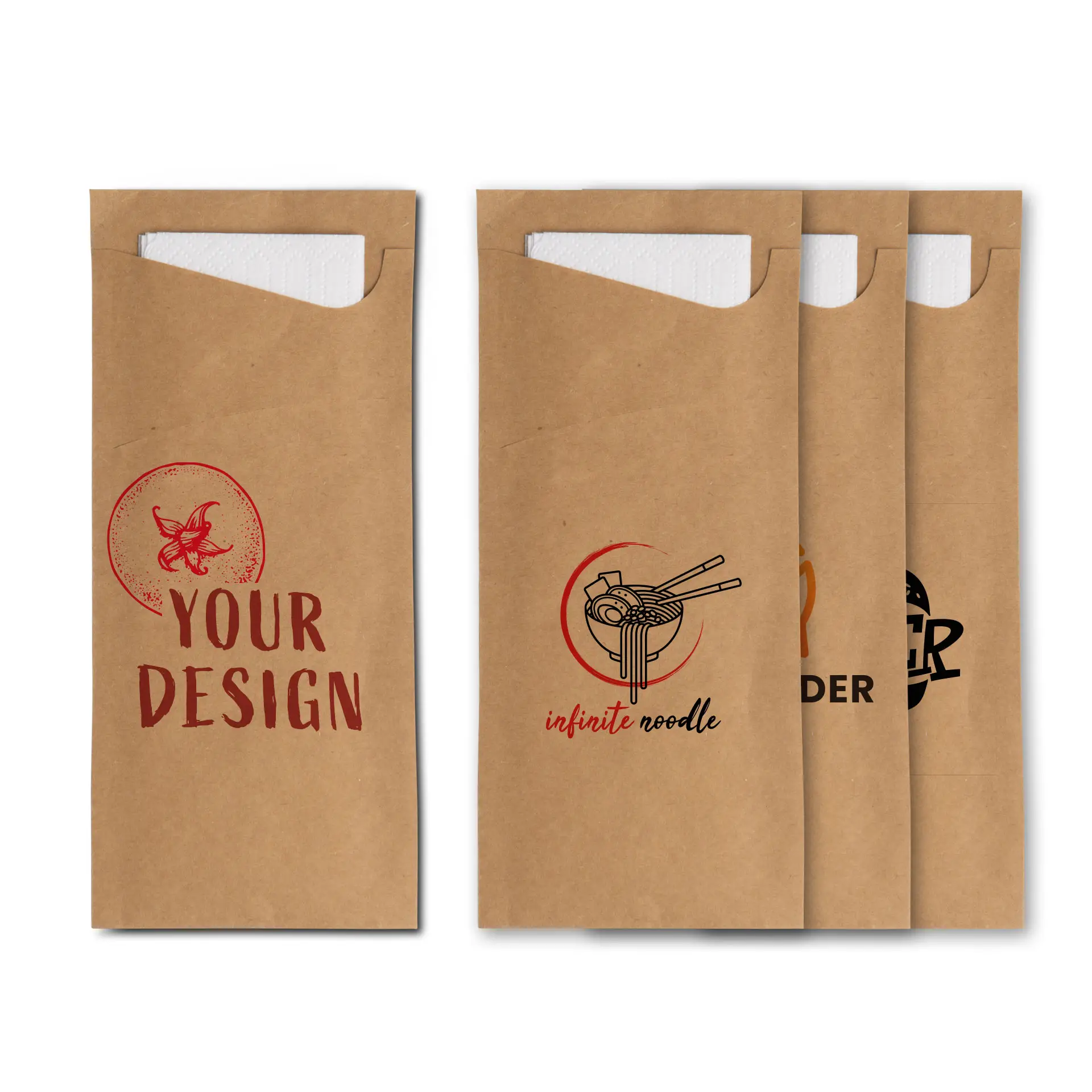 Brown kraft cutlery sleeve with white napkin, featuring a circular logo design of a toucan in vibrant colors.