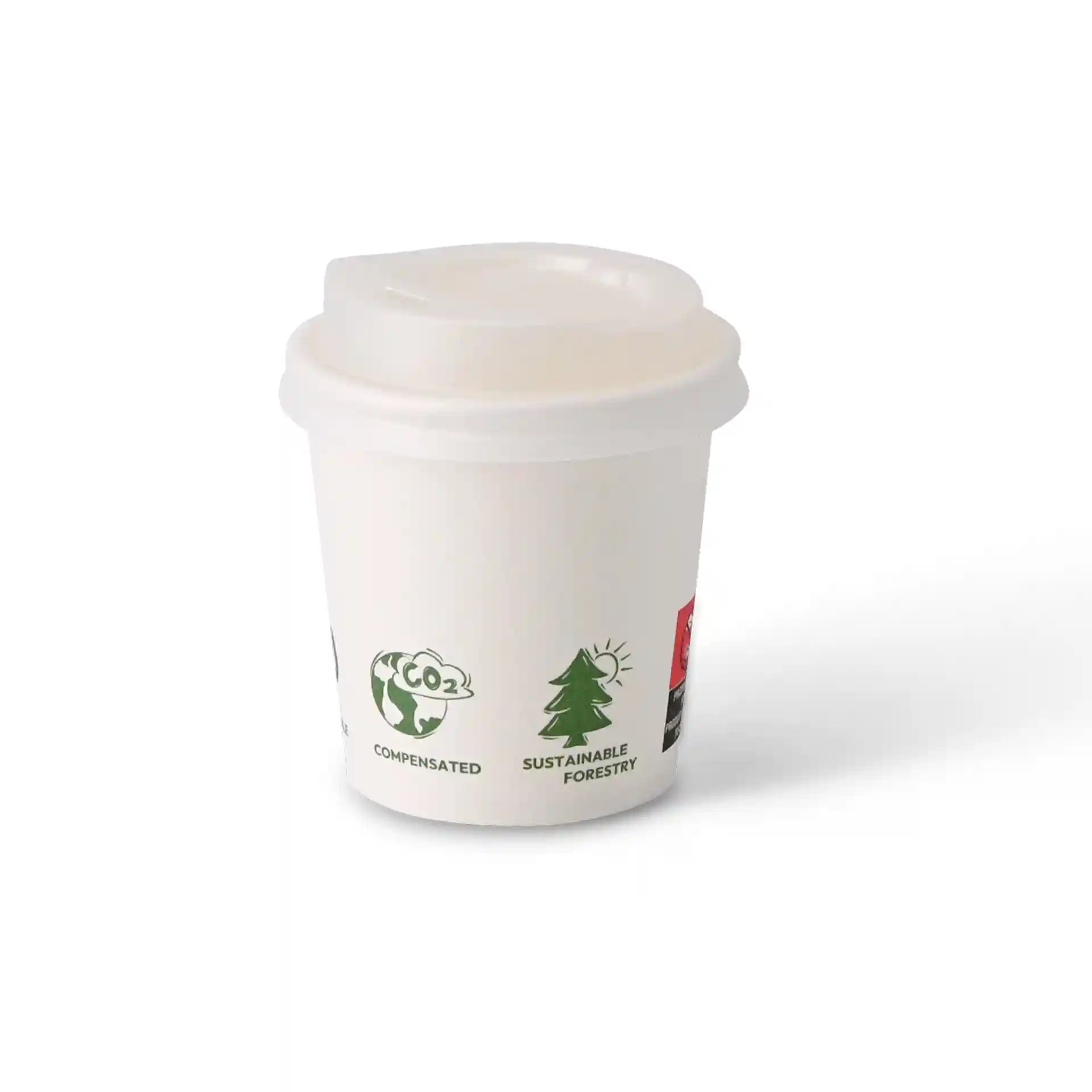 White paper cup with a single wall, 100 ml capacity, featuring EcoUp© icons and a PLA-coated surface.