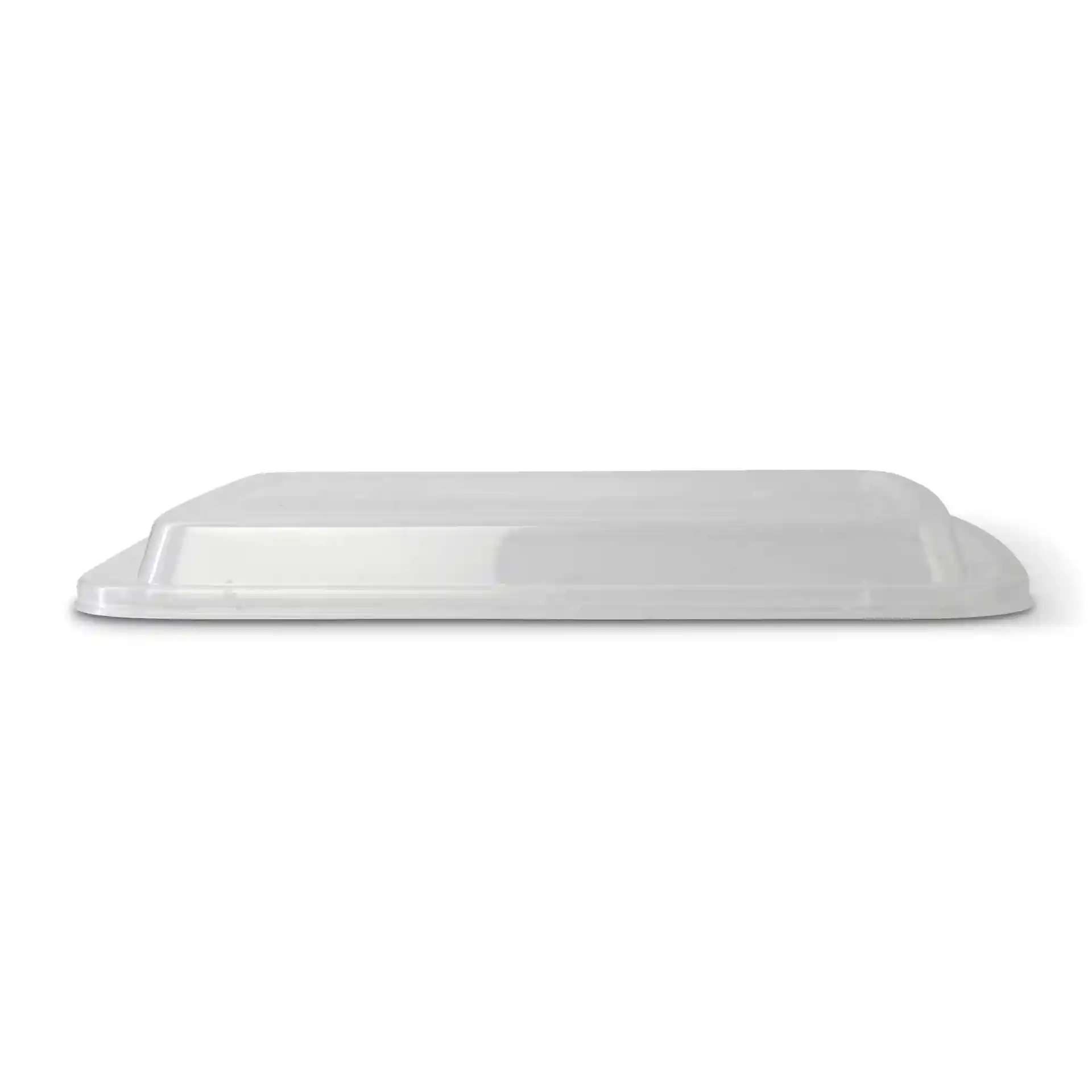 Transparent rectangular reusable lid made of polypropylene, viewed from the side.