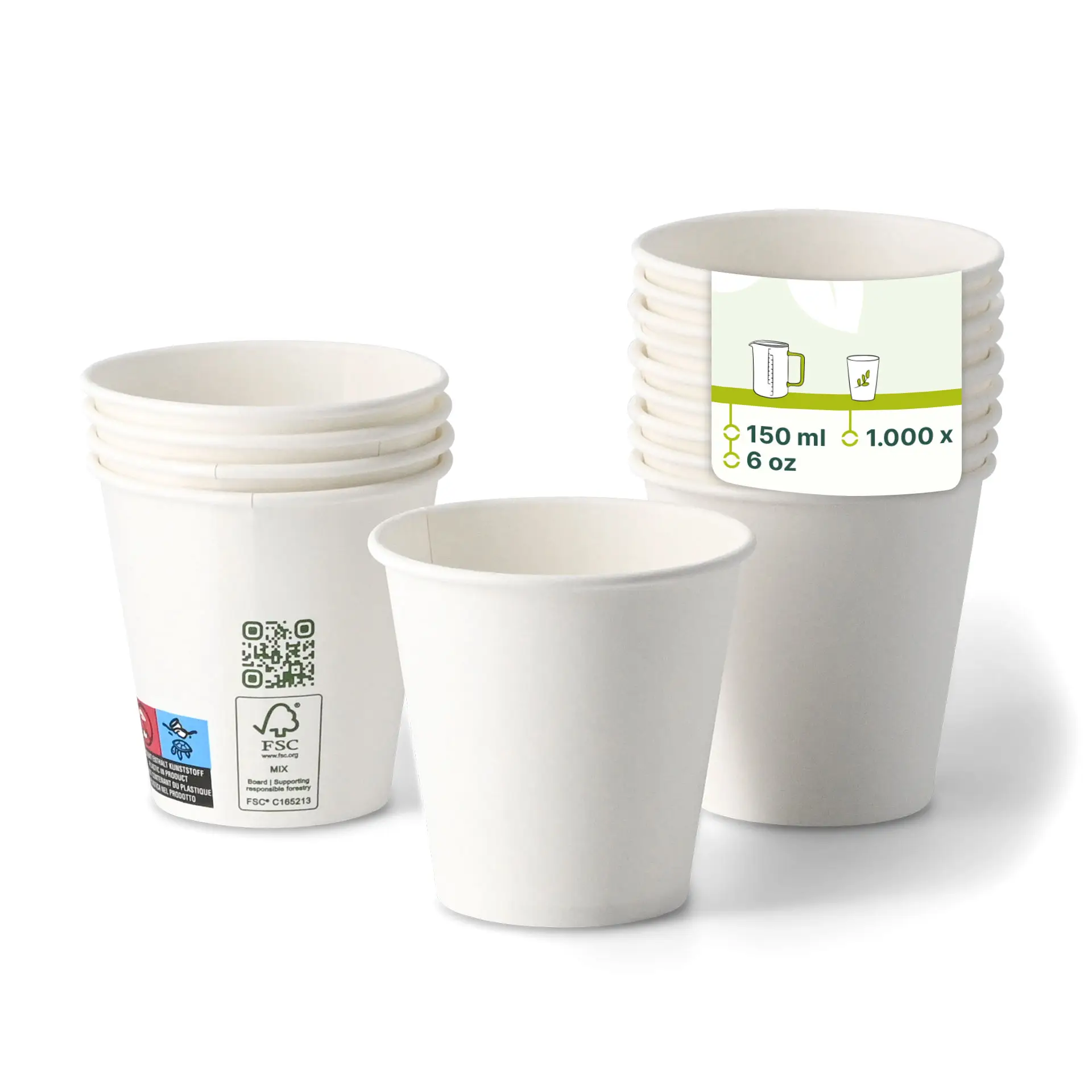 White paper cups stacked with one cup in front, displaying a label with markings and a QR code.