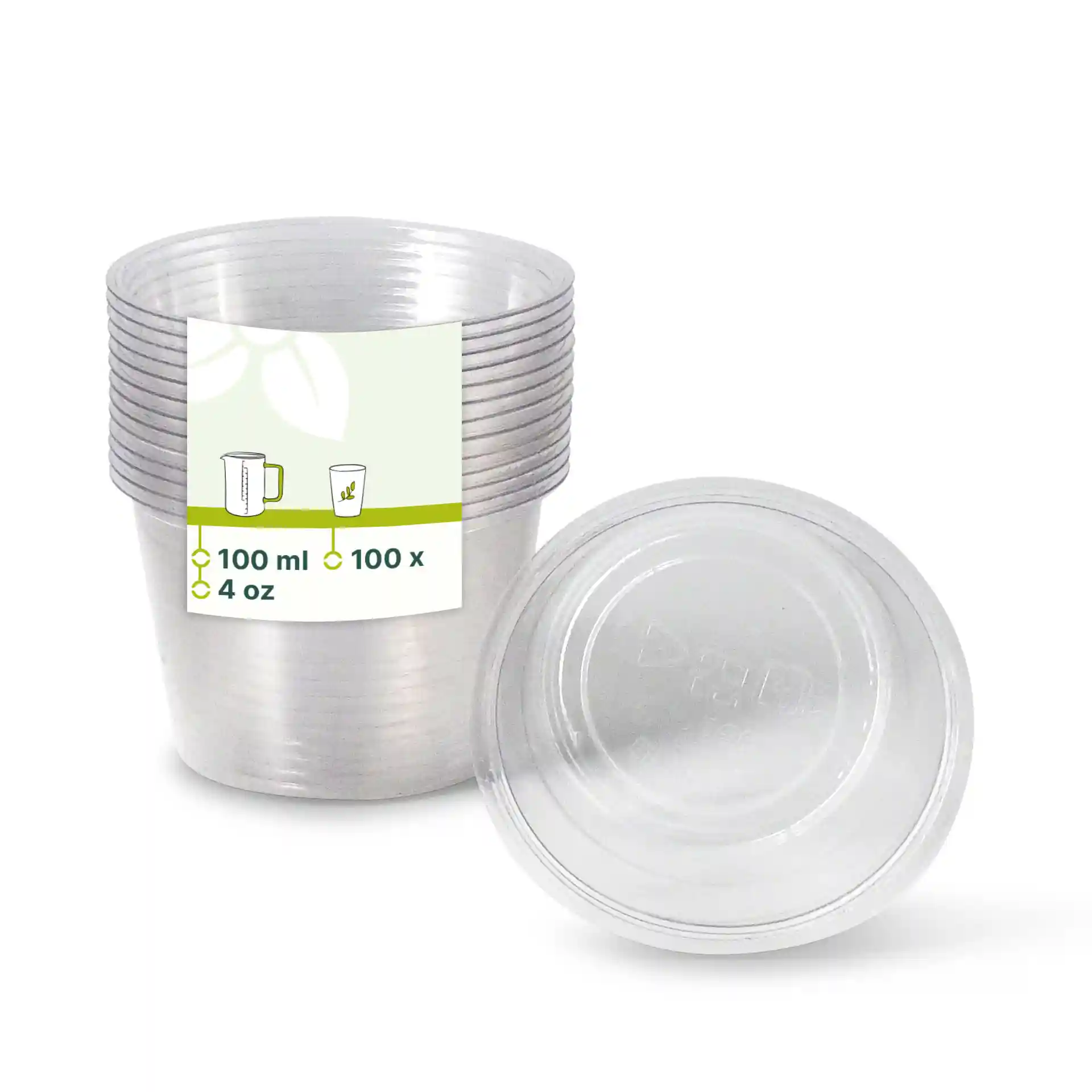 Transparent PLA portion cups stacked with a label, showing dimensions and volume details.