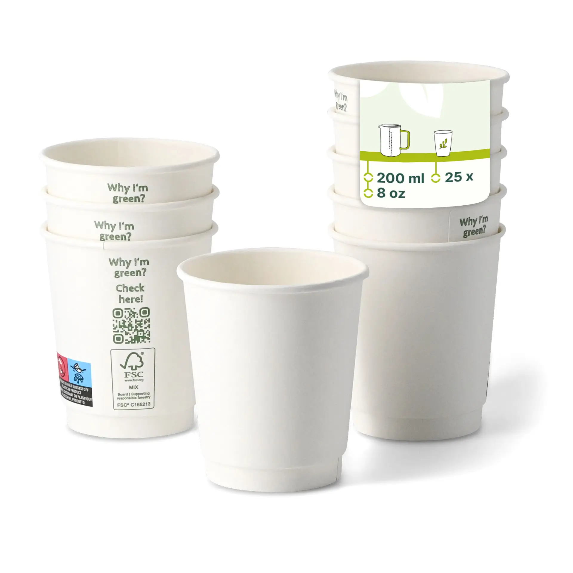 Coffee to go cup, 200 ml / 8 oz, Ø 80 mm, double wall, white, PLA coated