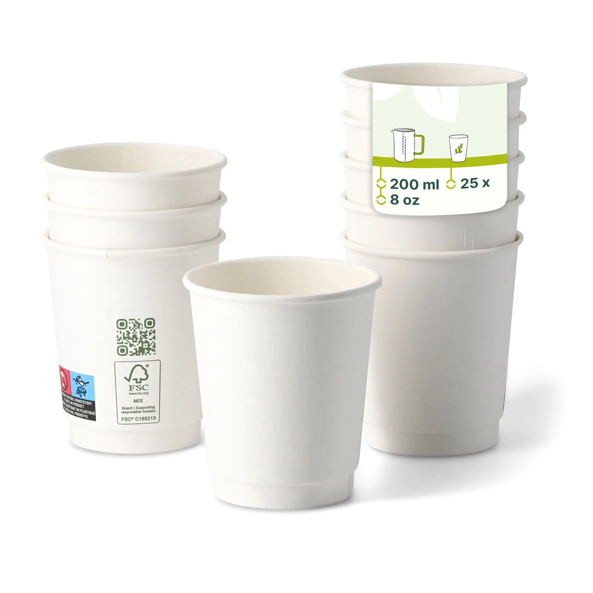 One white double-wall biodegradable coffee cup in focus, surrounded by several similar cups with varying opacity; cup shows QR code and labels.