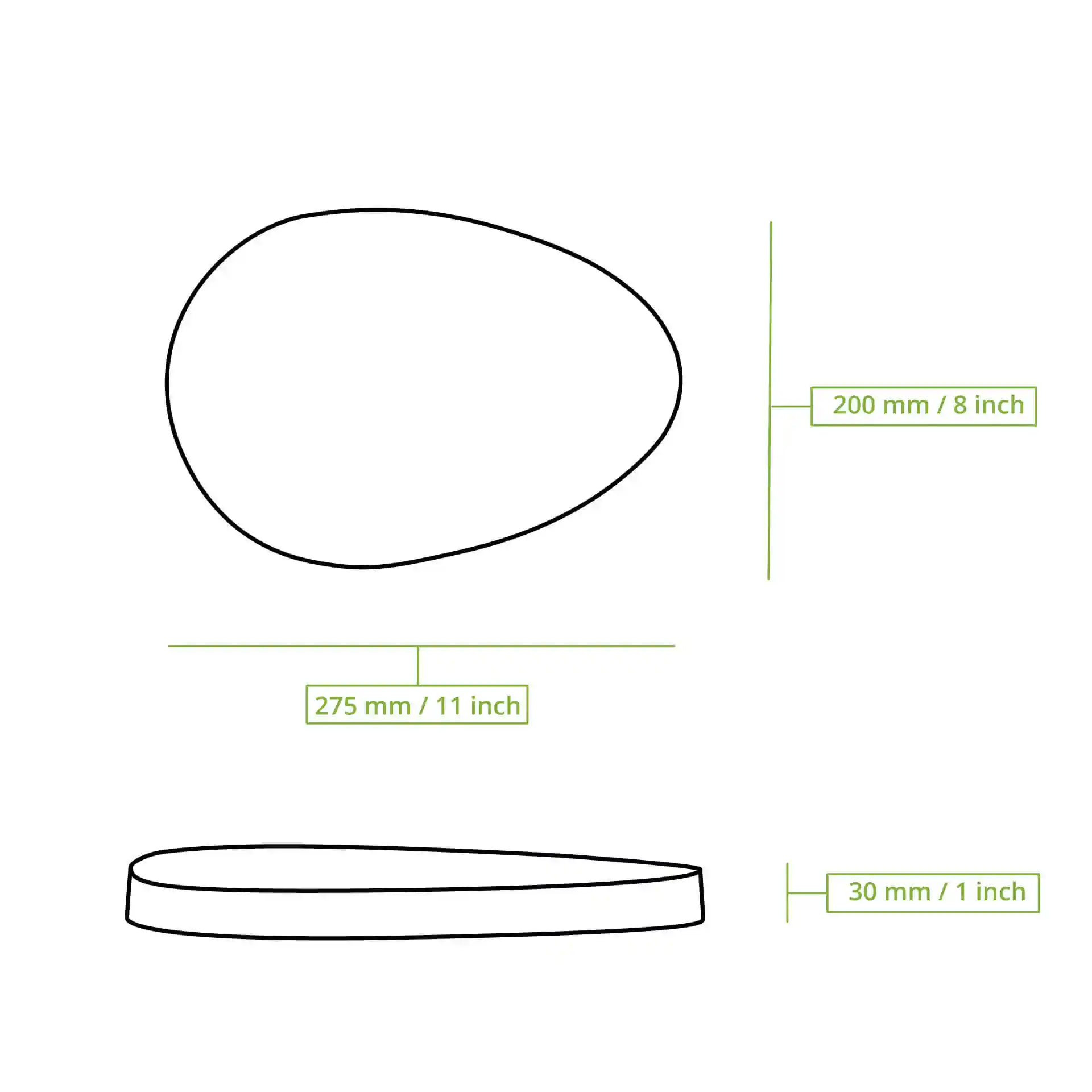 Schematic drawing of an oval reusable lid with dimensions: 275 mm length, 200 mm width, and 30 mm height.