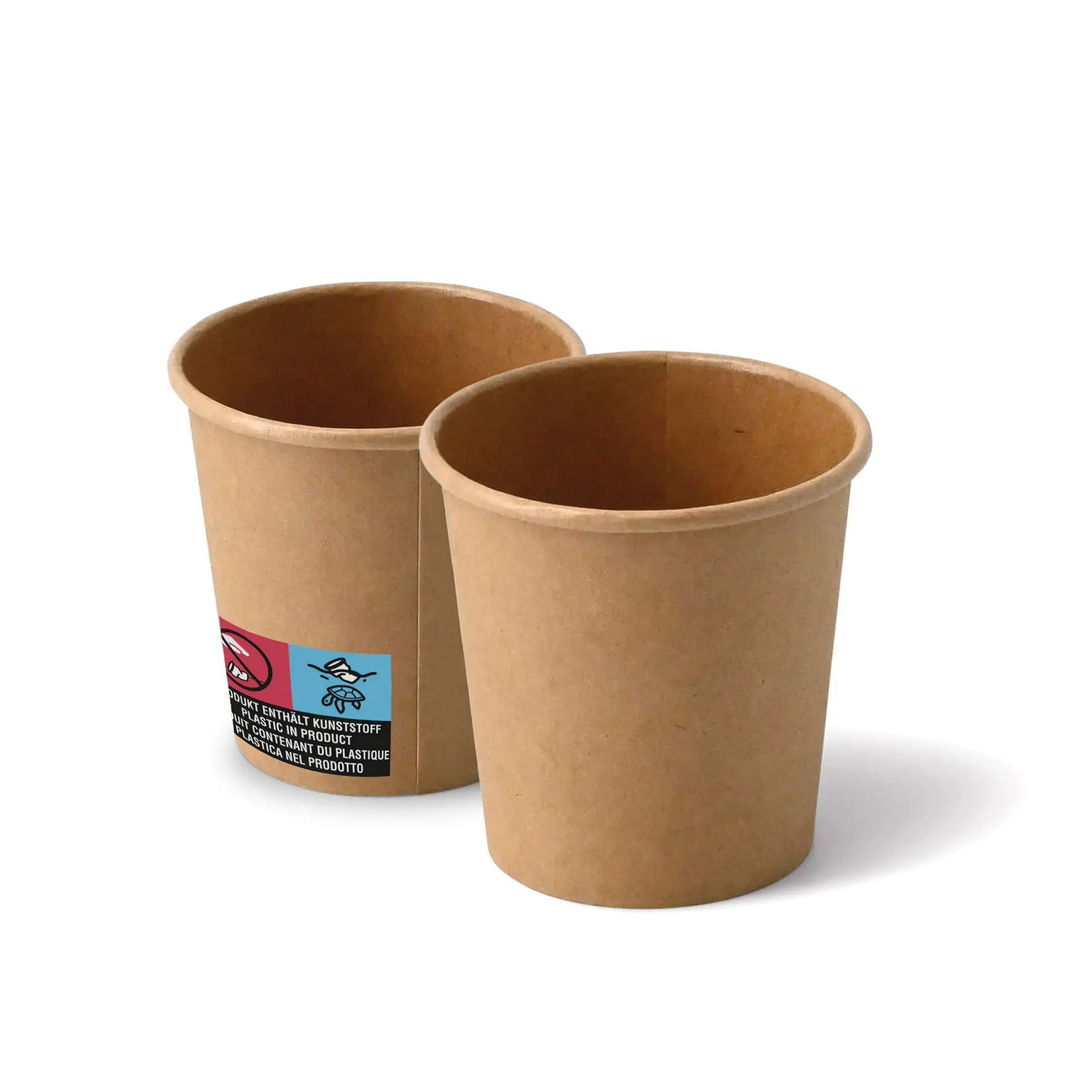 Brown 4 oz paper cups with a round shape, showing two cups with a label featuring symbols.