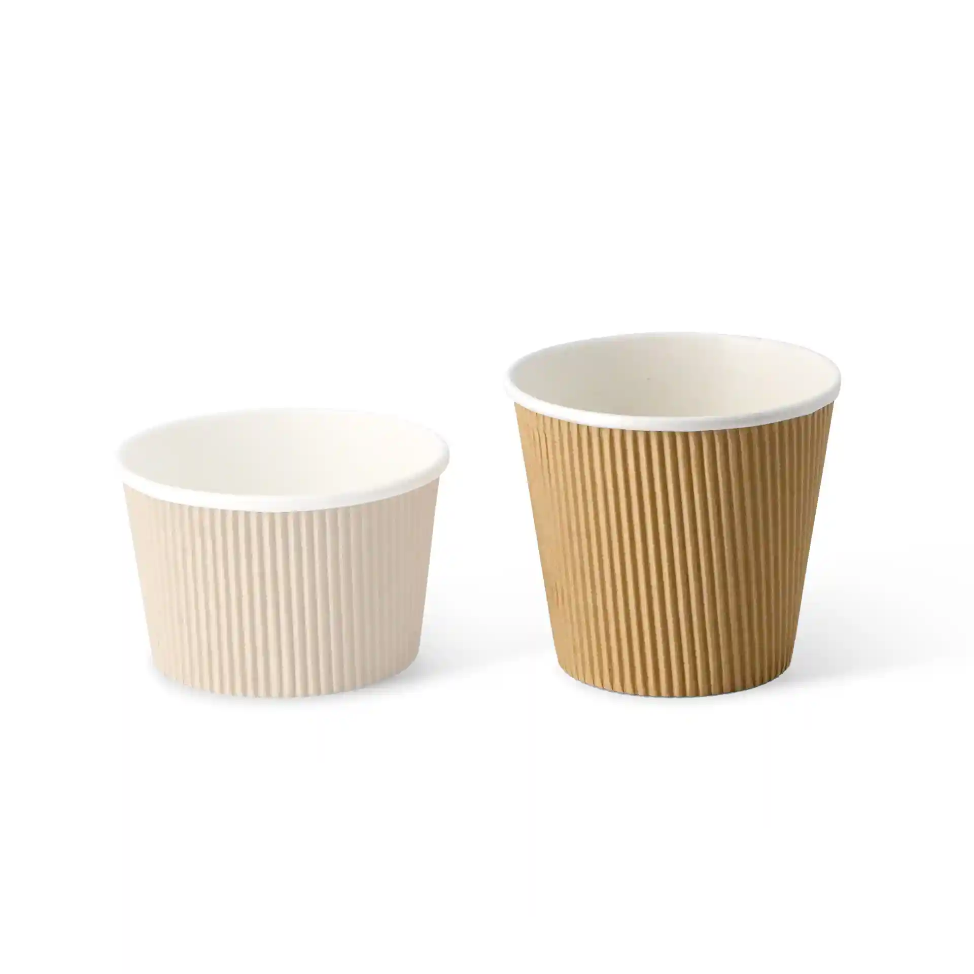Image of two ribbed soup cups, one white and one brown, on a plain background.