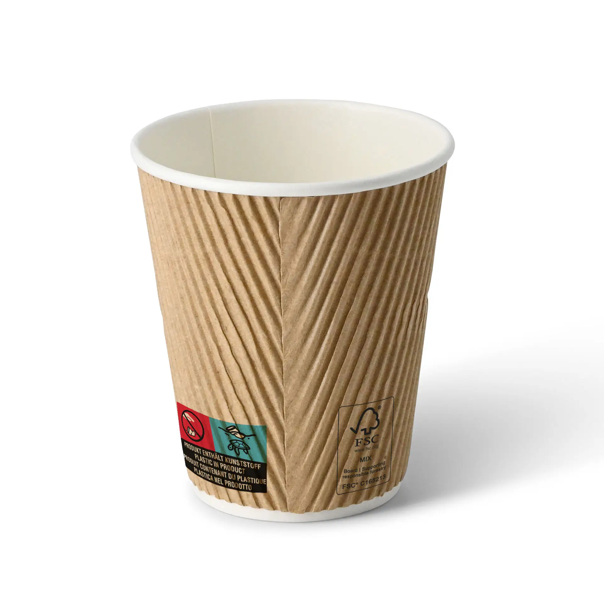 Brown ripple coffee cup with a white interior, 10 oz capacity, featuring a textured exterior and a circular base.