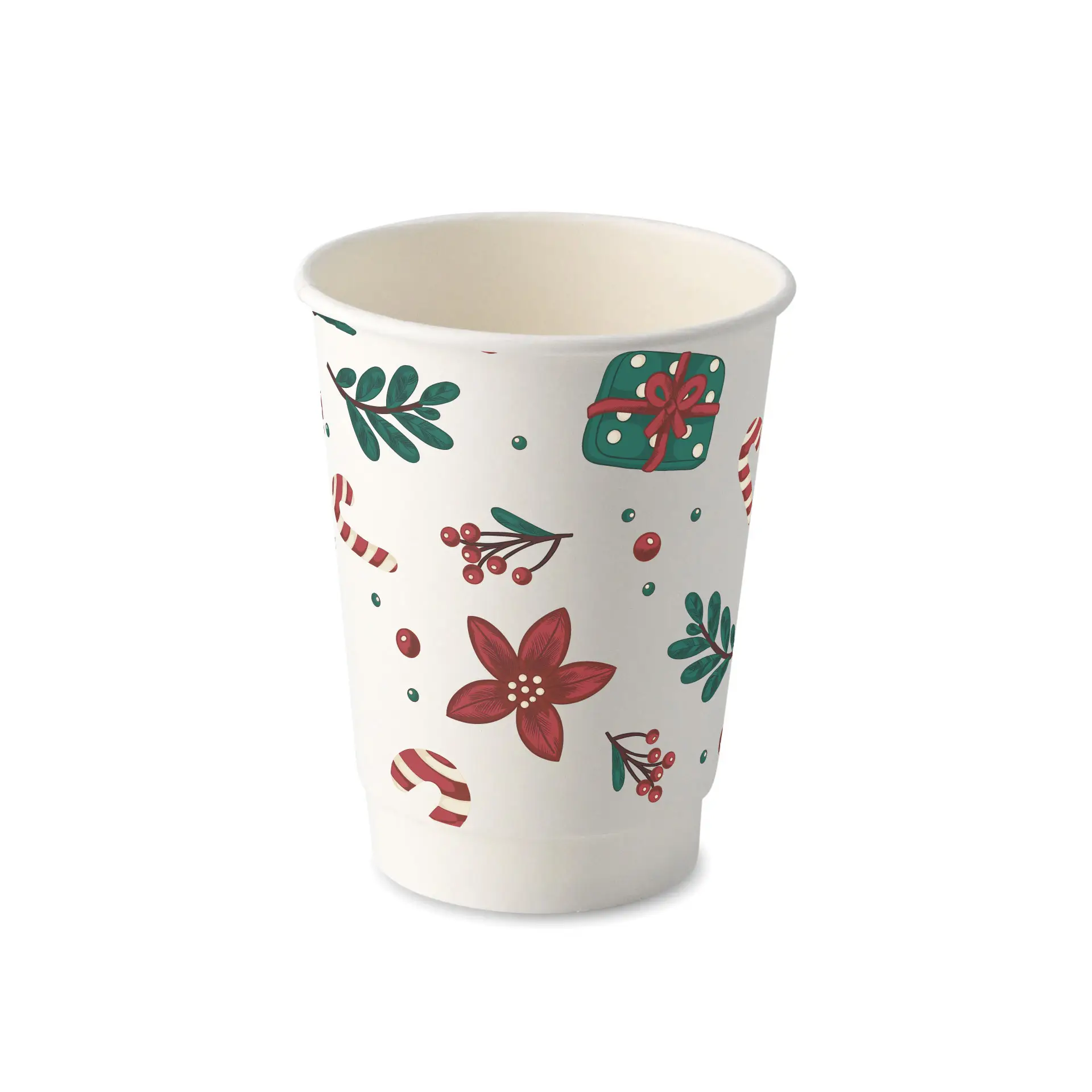 White double-wall coffee cup with winter-themed design featuring flowers, gifts, and candy canes.