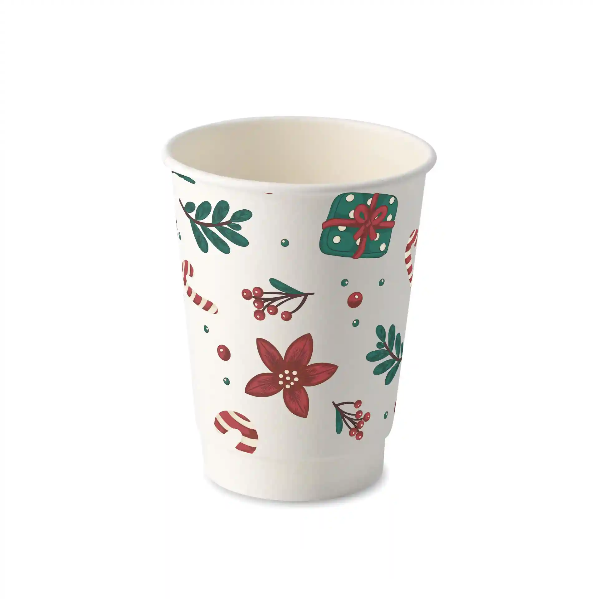 White double-wall coffee cup with winter-themed design featuring flowers, gifts, and candy canes.