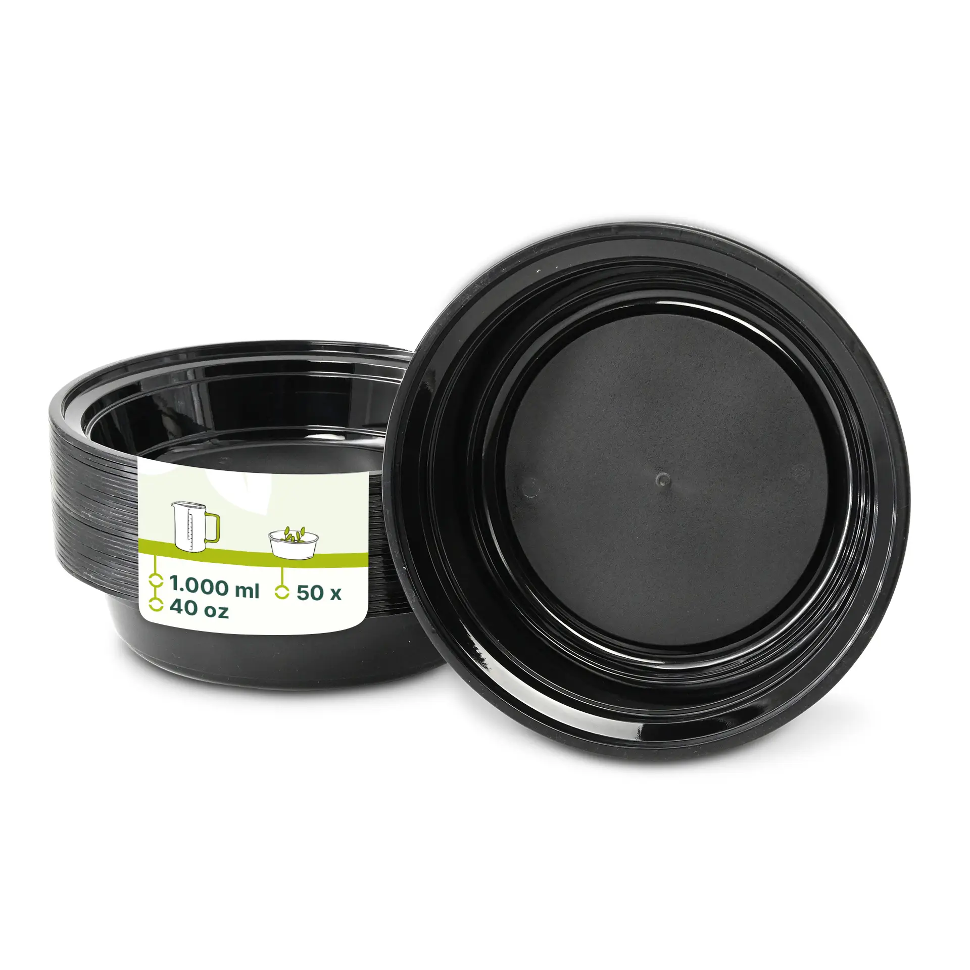 Reusable black plate made of polypropylene, 1000 ml capacity, ideal for hot and cold dishes; shown with stacked plates in background.