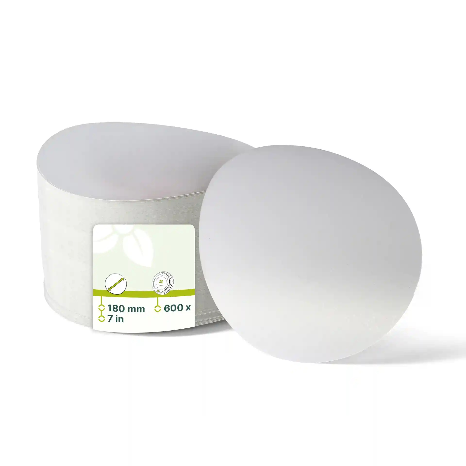 Round aluminium cardboard lid with a diameter of 180 mm, placed beside a cylindrical container.