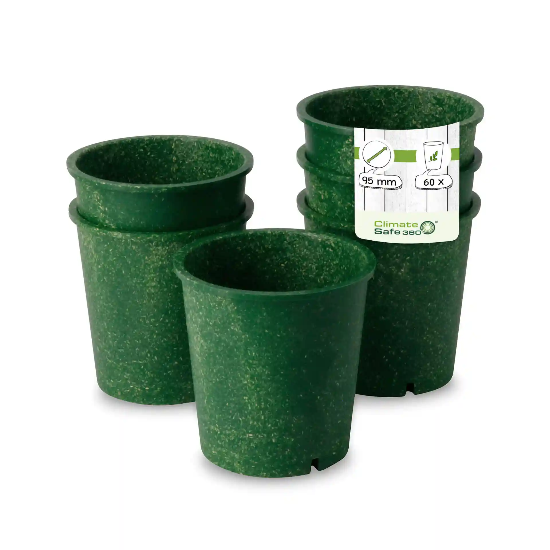 Set of four green reusable cups with a diameter of 95 mm and a height of 100 mm, made from bio compound material.