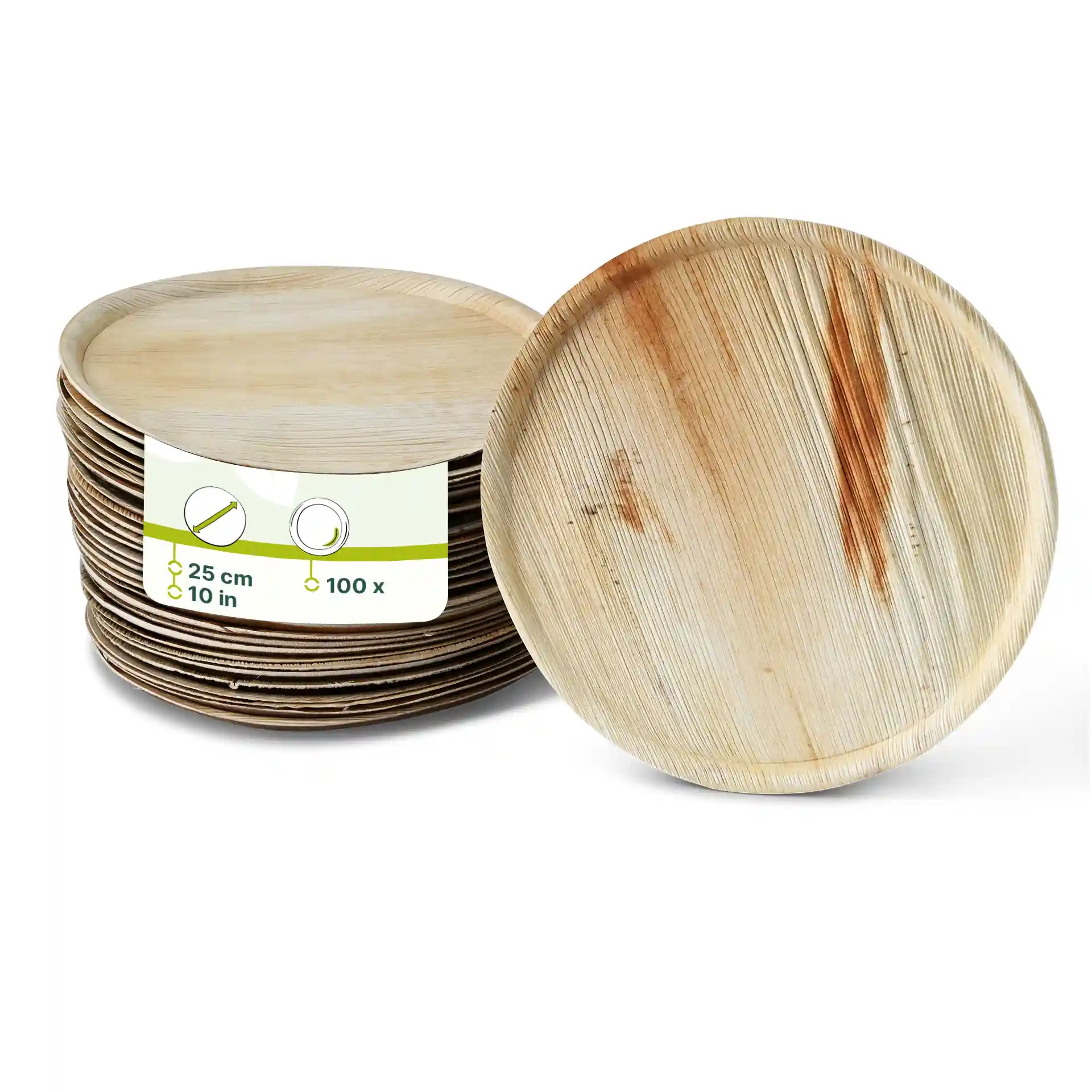 Round palm leaf pizza plates, 25 cm diameter, stacked with a label showing product details.