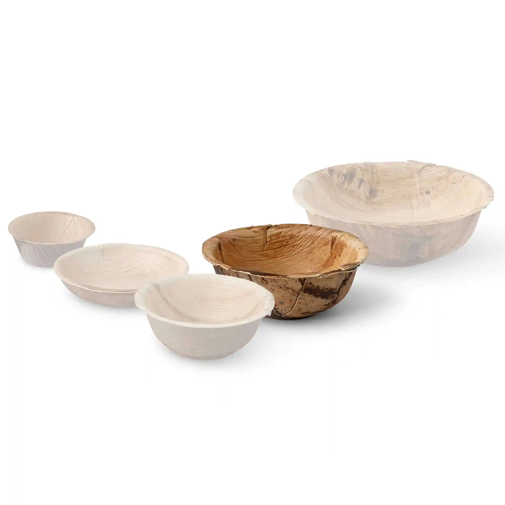 Five round palm leaf bowls in varying sizes, with a natural grain color and no coating.