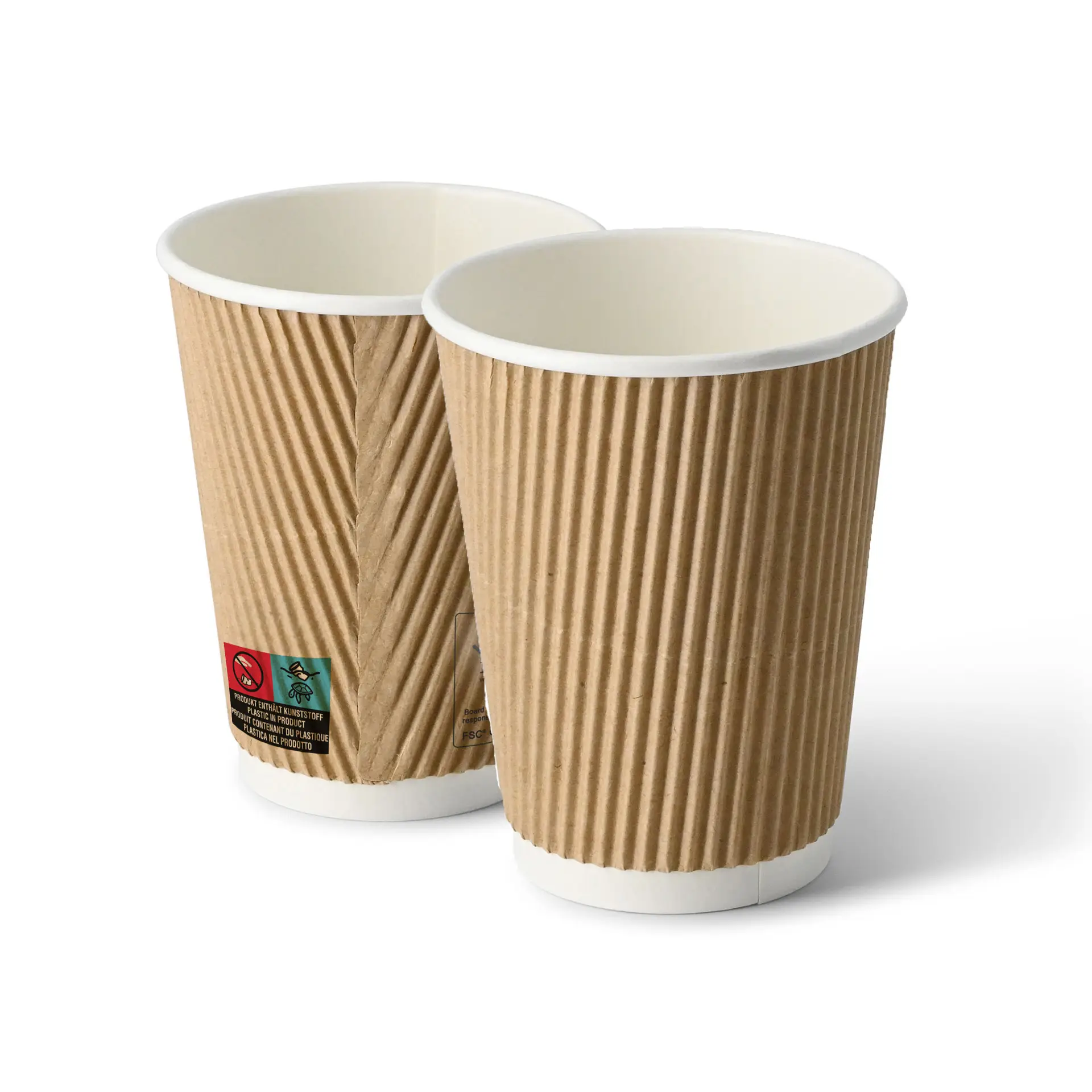Two brown ripple coffee cups with white inner lining, showing a textured exterior and a circular shape.