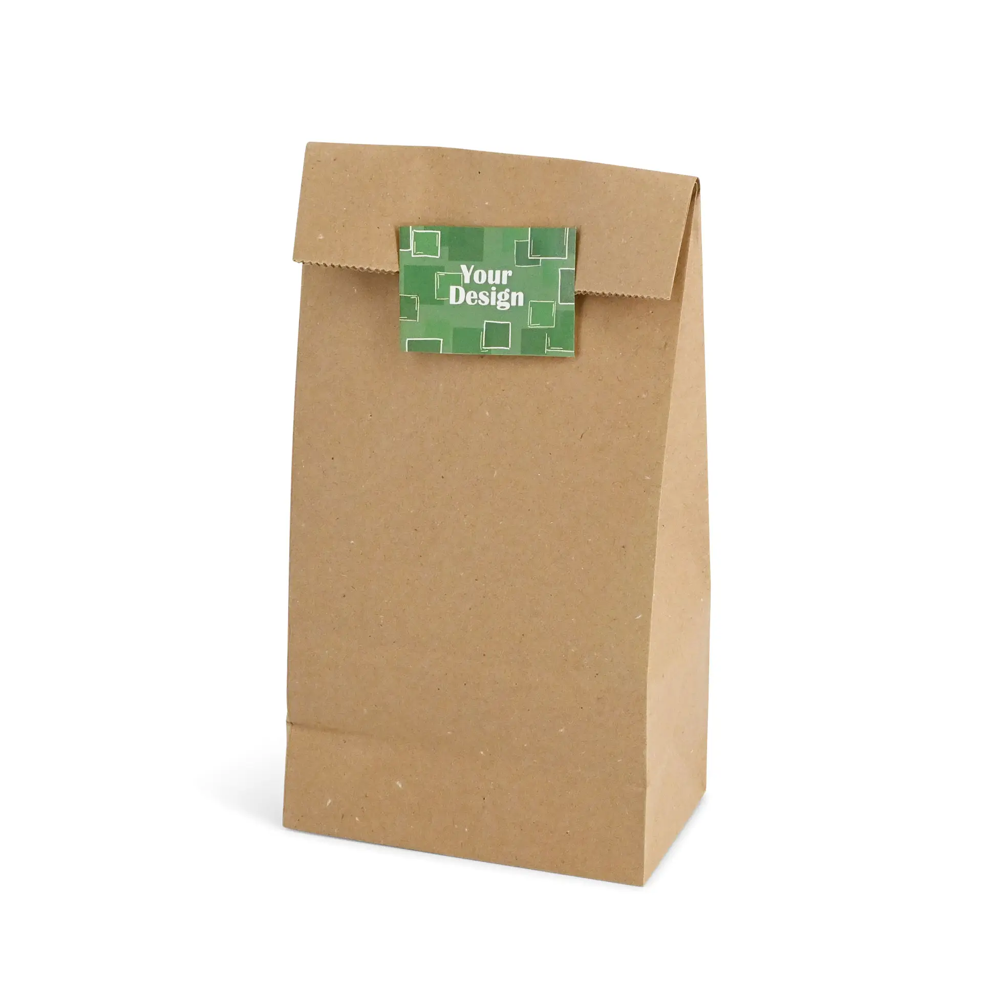 Kraft paper bag with a green label attached, displaying "Your Design," suitable for custom labeling.